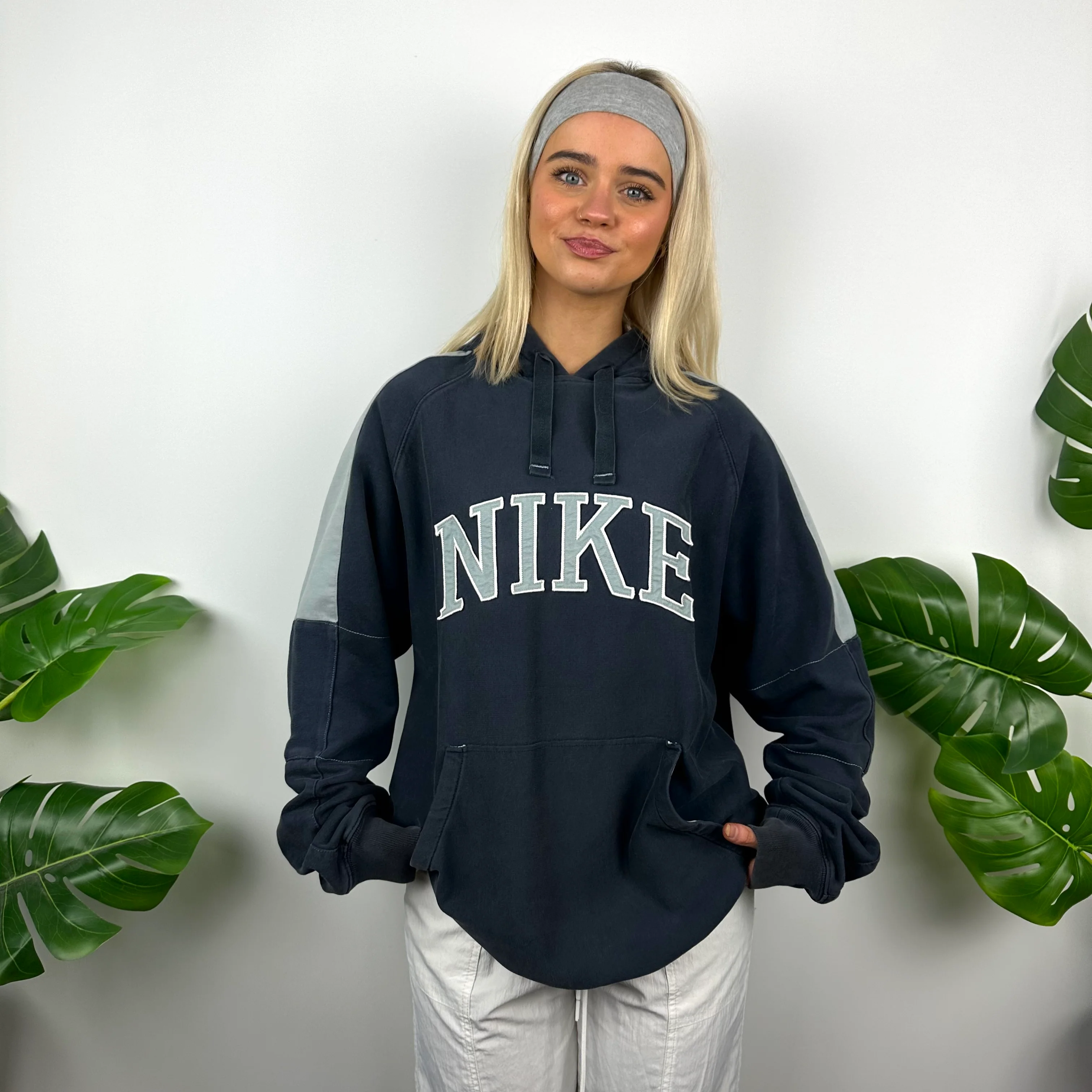 Nike Navy Embroidered Spell Out Hoodie (L) - Image 3