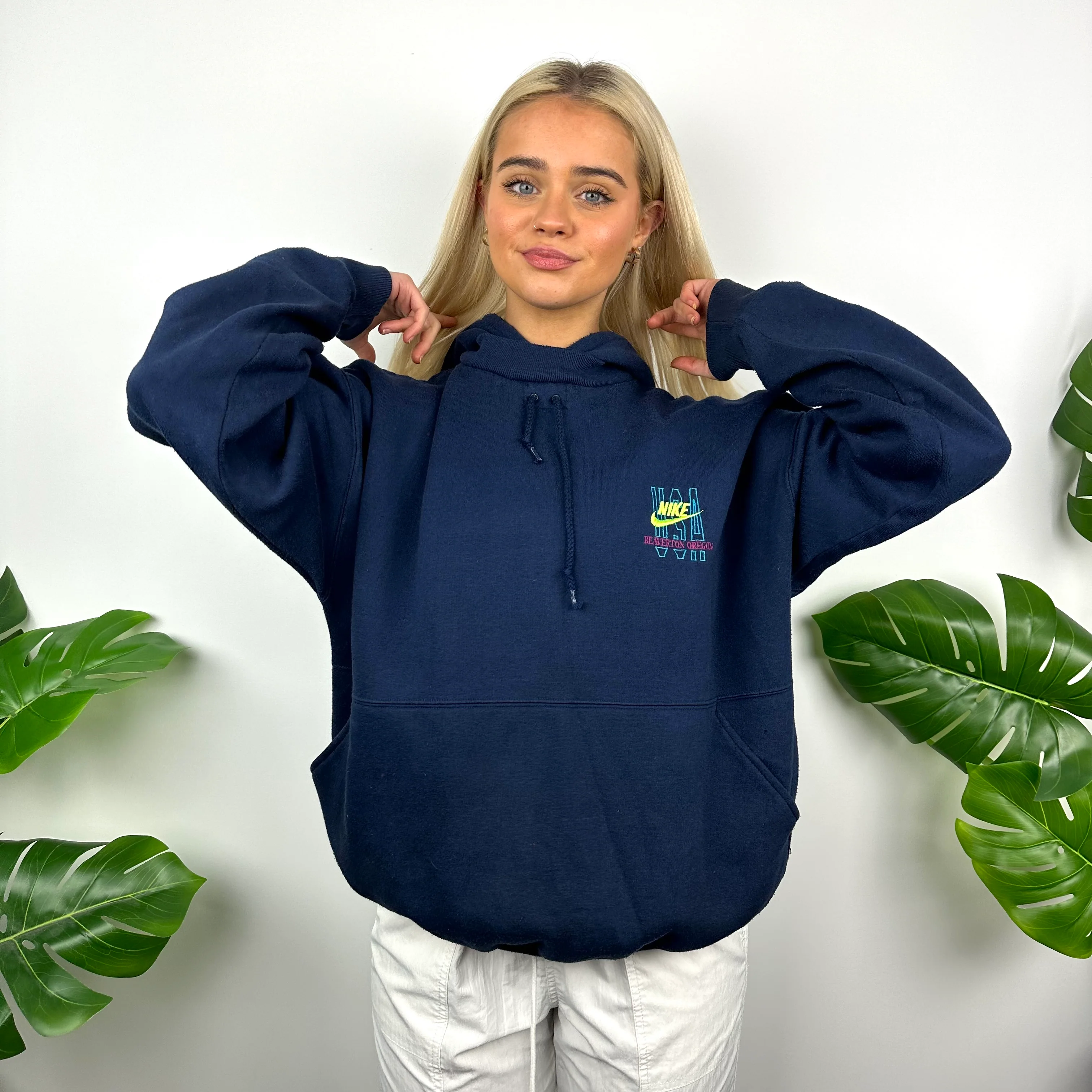 Nike Navy Embroidered Spell Out Hoodie (L) - Image 2