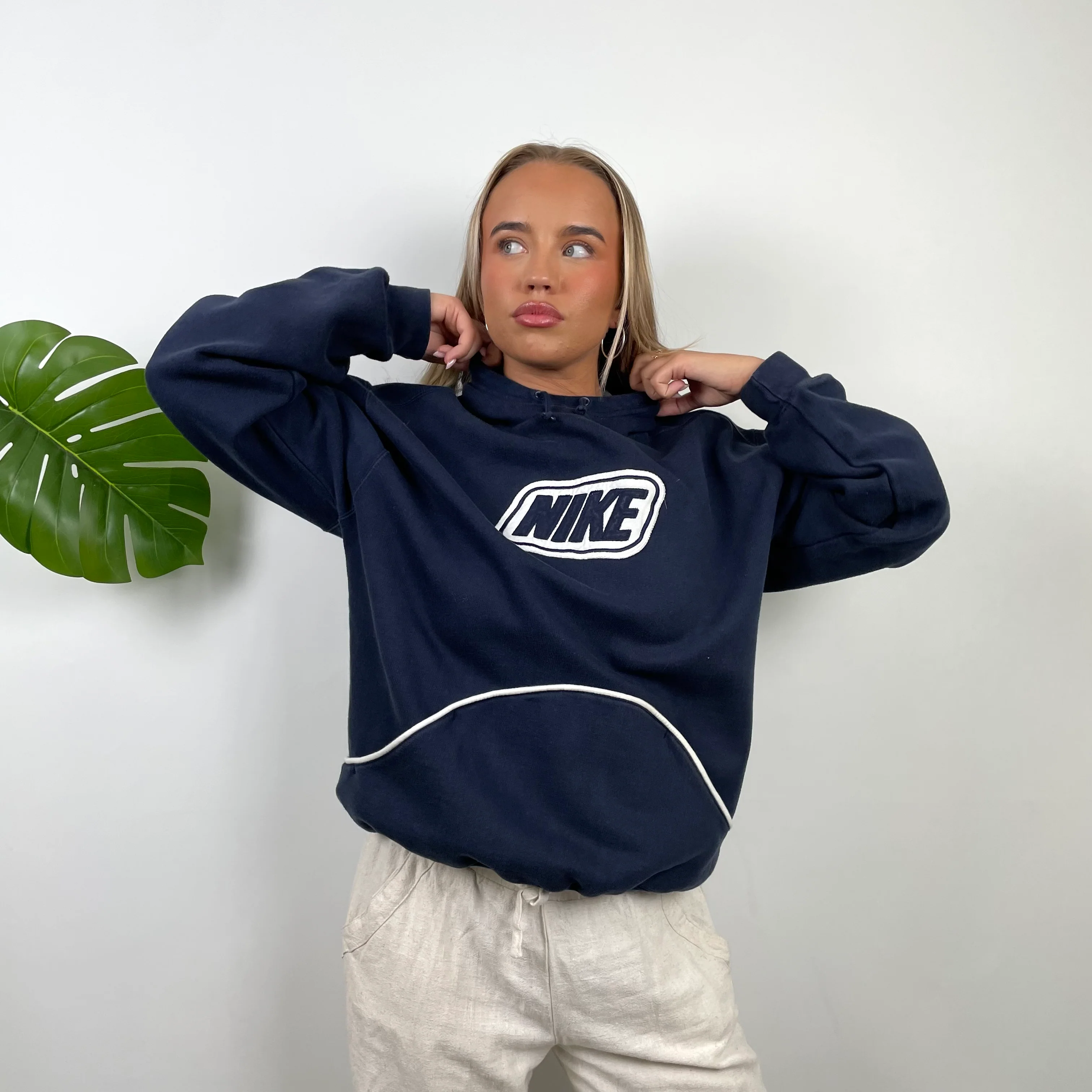 Nike Navy Embroidered Spell Out Hoodie (M) - Image 5