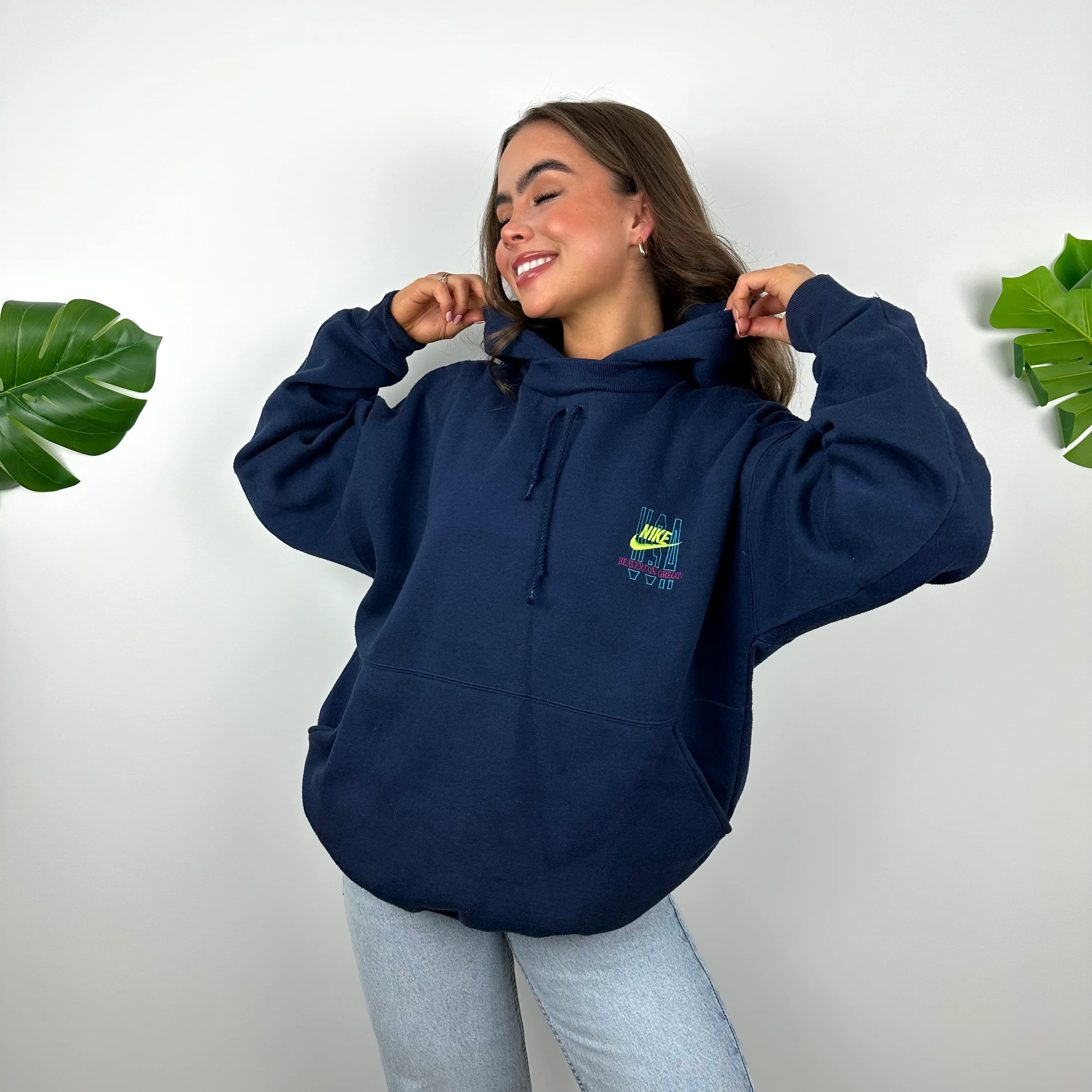 Nike Navy Embroidered Spell Out Hoodie (L) - Image 2