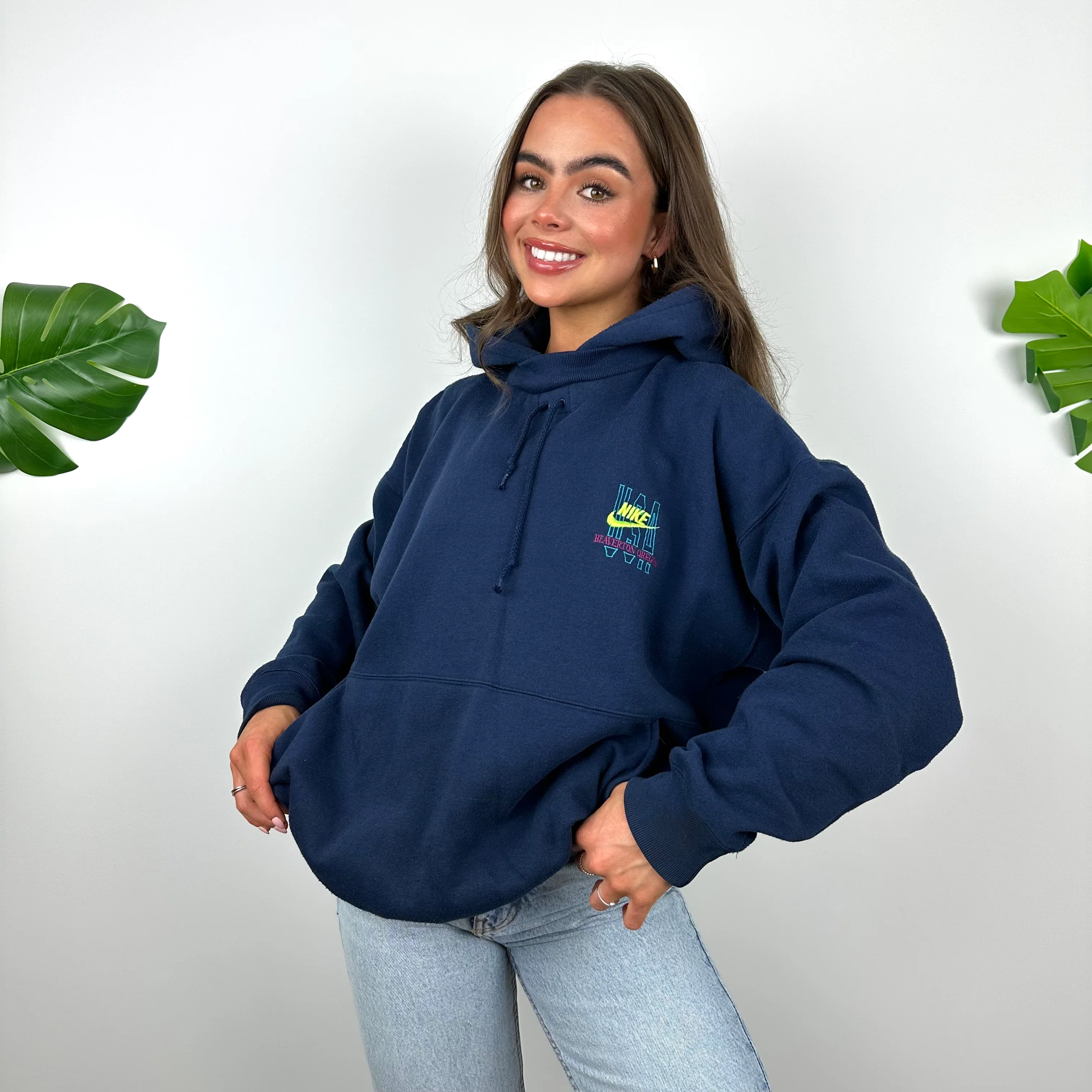 Nike Navy Embroidered Spell Out Hoodie (L) - Image 3