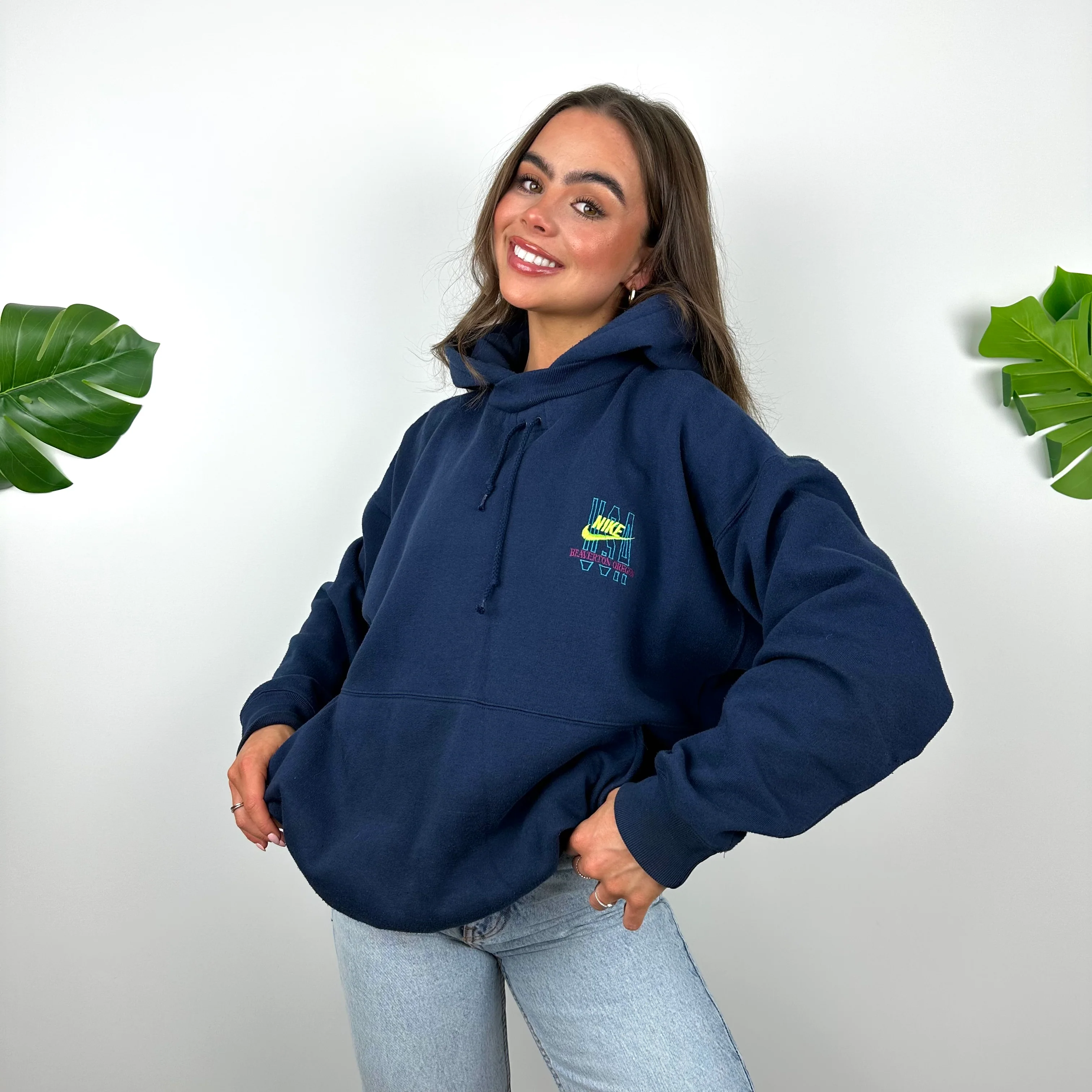 Nike Navy Embroidered Spell Out Hoodie (L) - Image 5