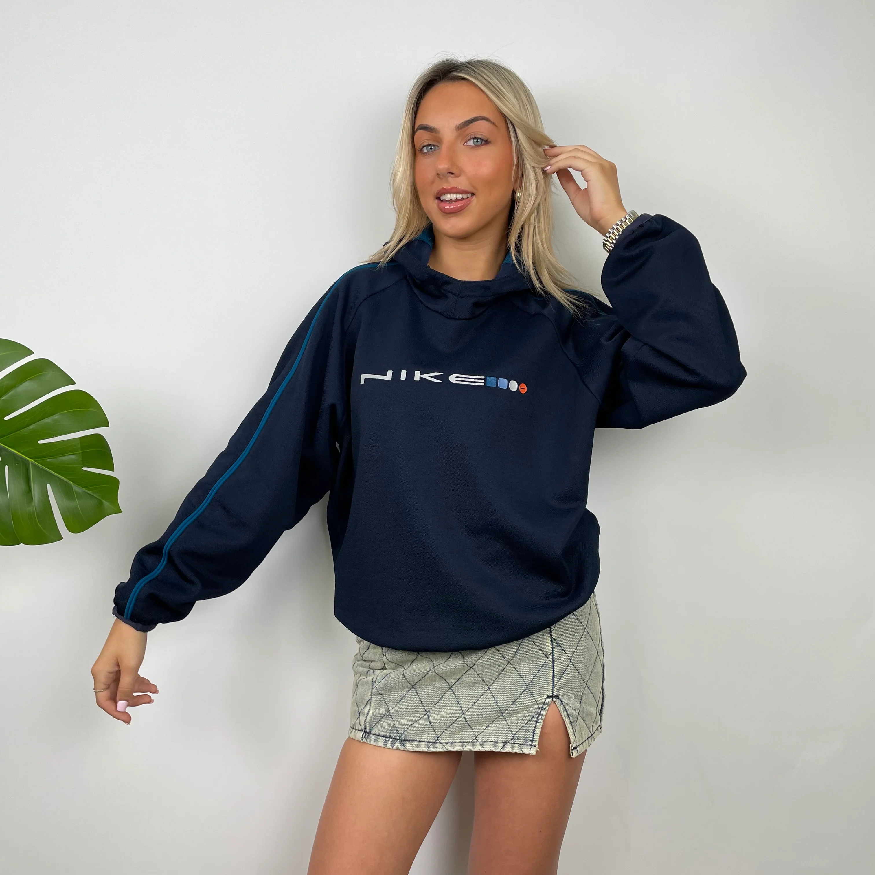 Nike Navy Embroidered Spell Out Hoodie (S) - Image 2