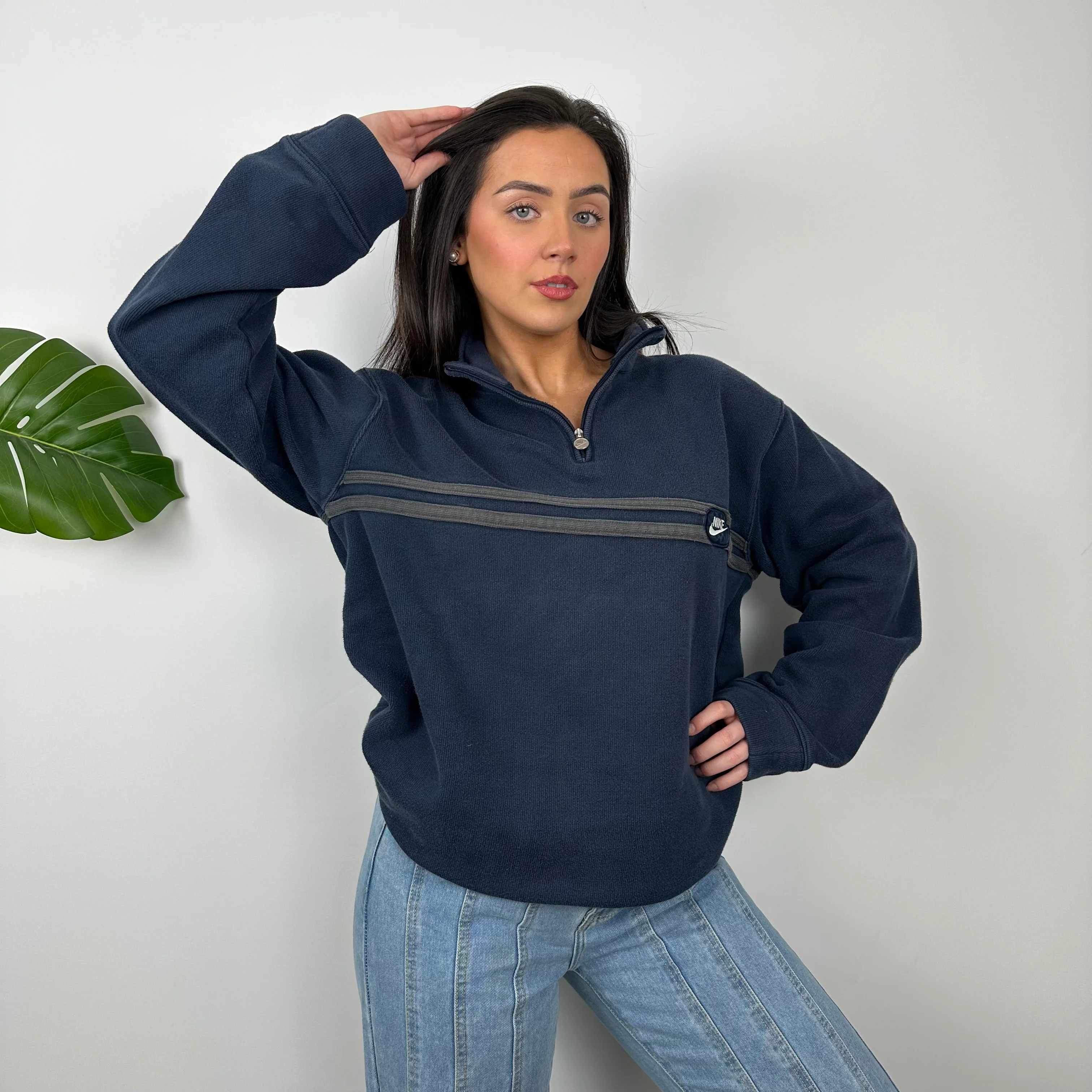 Nike Navy Embroidered Spell Out Quarter Zip Sweatshirt (L) - Image 2