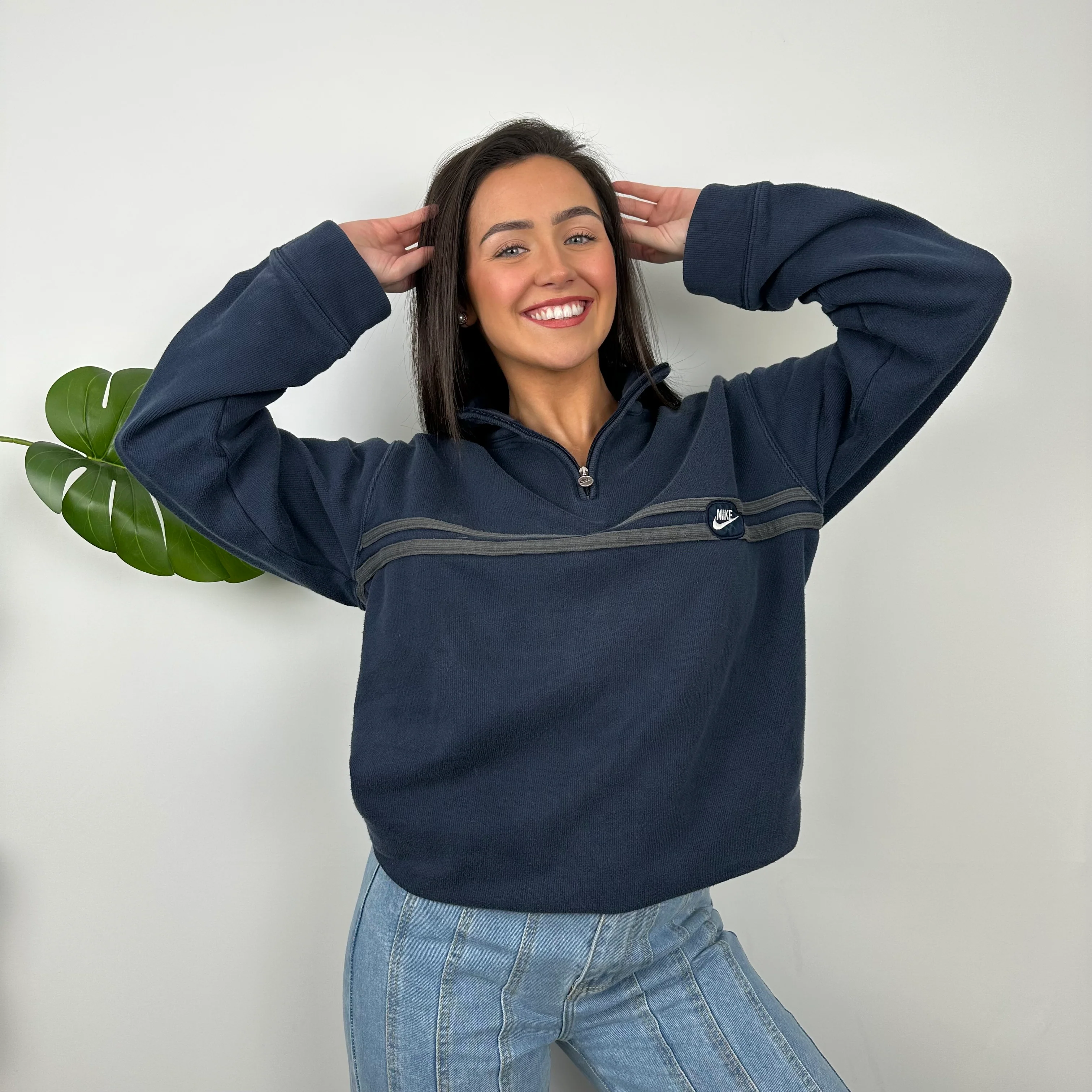 Nike Navy Embroidered Spell Out Quarter Zip Sweatshirt (L) - Image 3