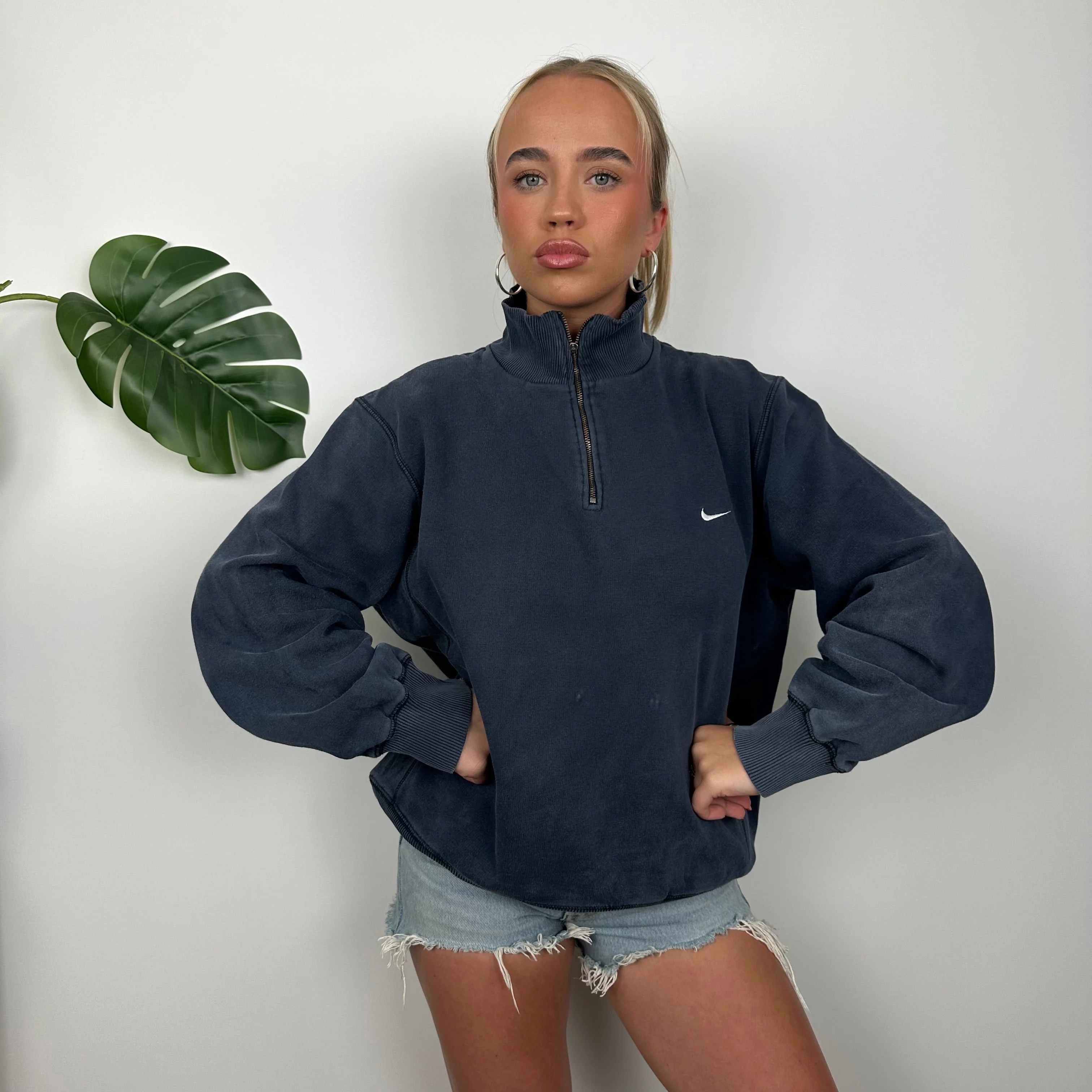 Nike Navy Embroidered Spell Out Quarter Zip Sweatshirt (XL)