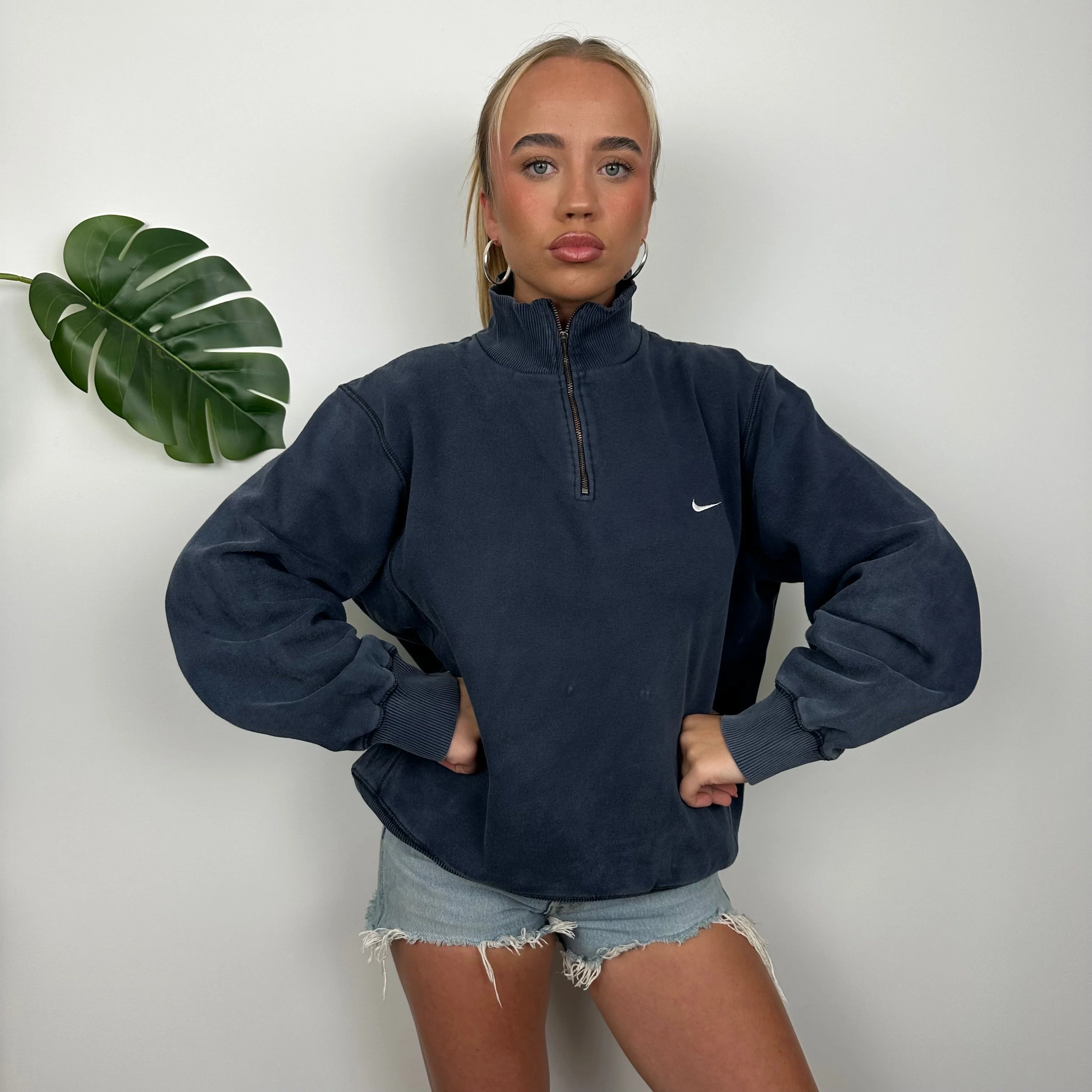 Nike Navy Embroidered Spell Out Quarter Zip Sweatshirt (XL) - Image 2