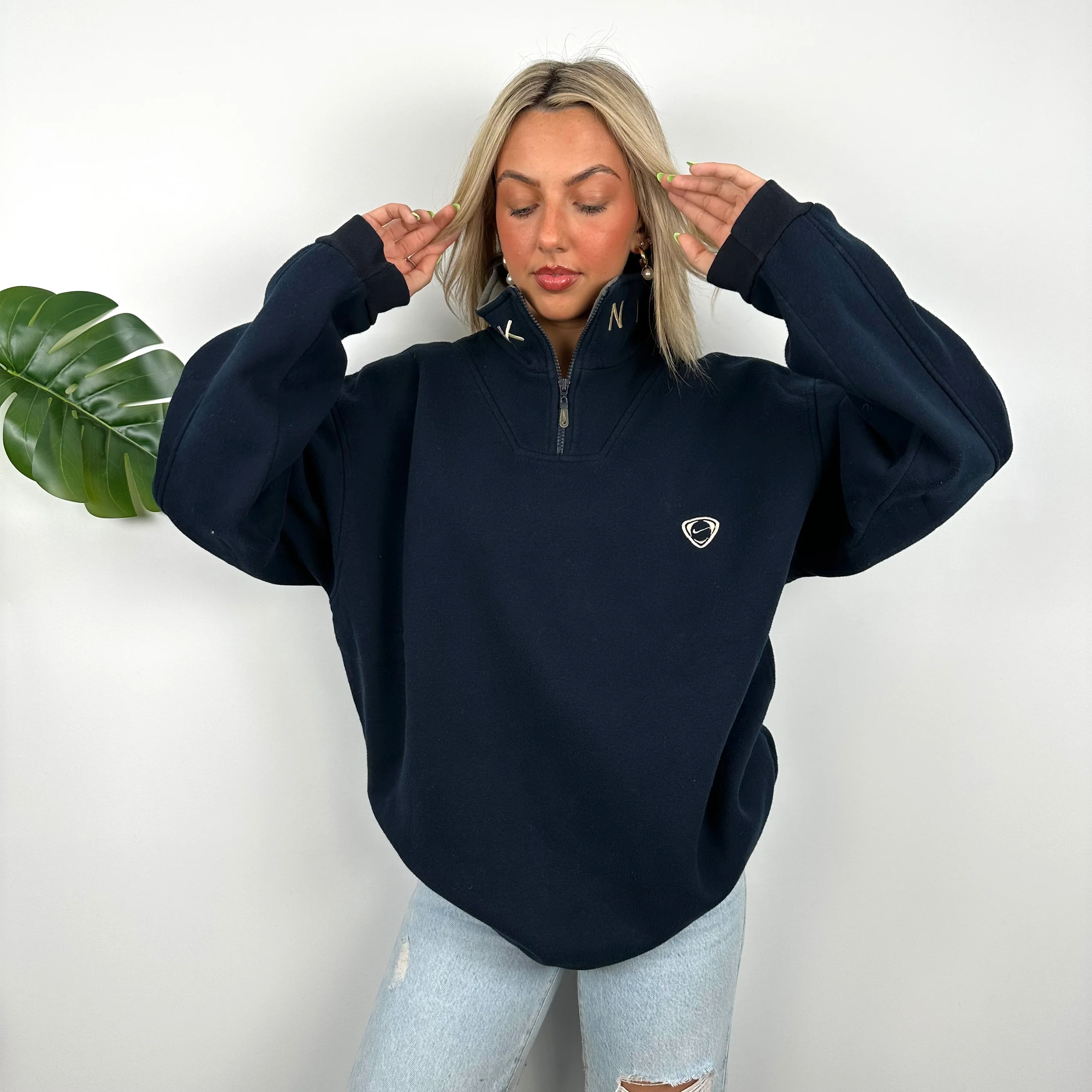 Nike Navy Embroidered Spell Out Quarter Zip Sweatshirt (XL) - Image 2