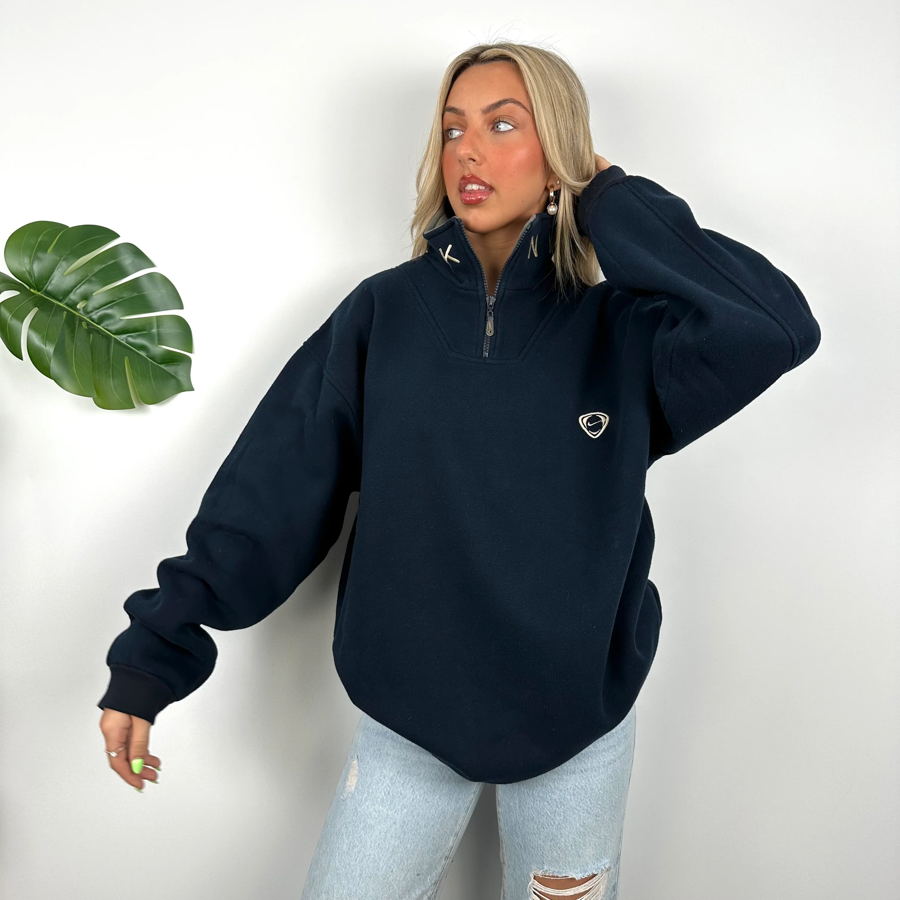Nike Navy Embroidered Spell Out Quarter Zip Sweatshirt (XL) - Image 3