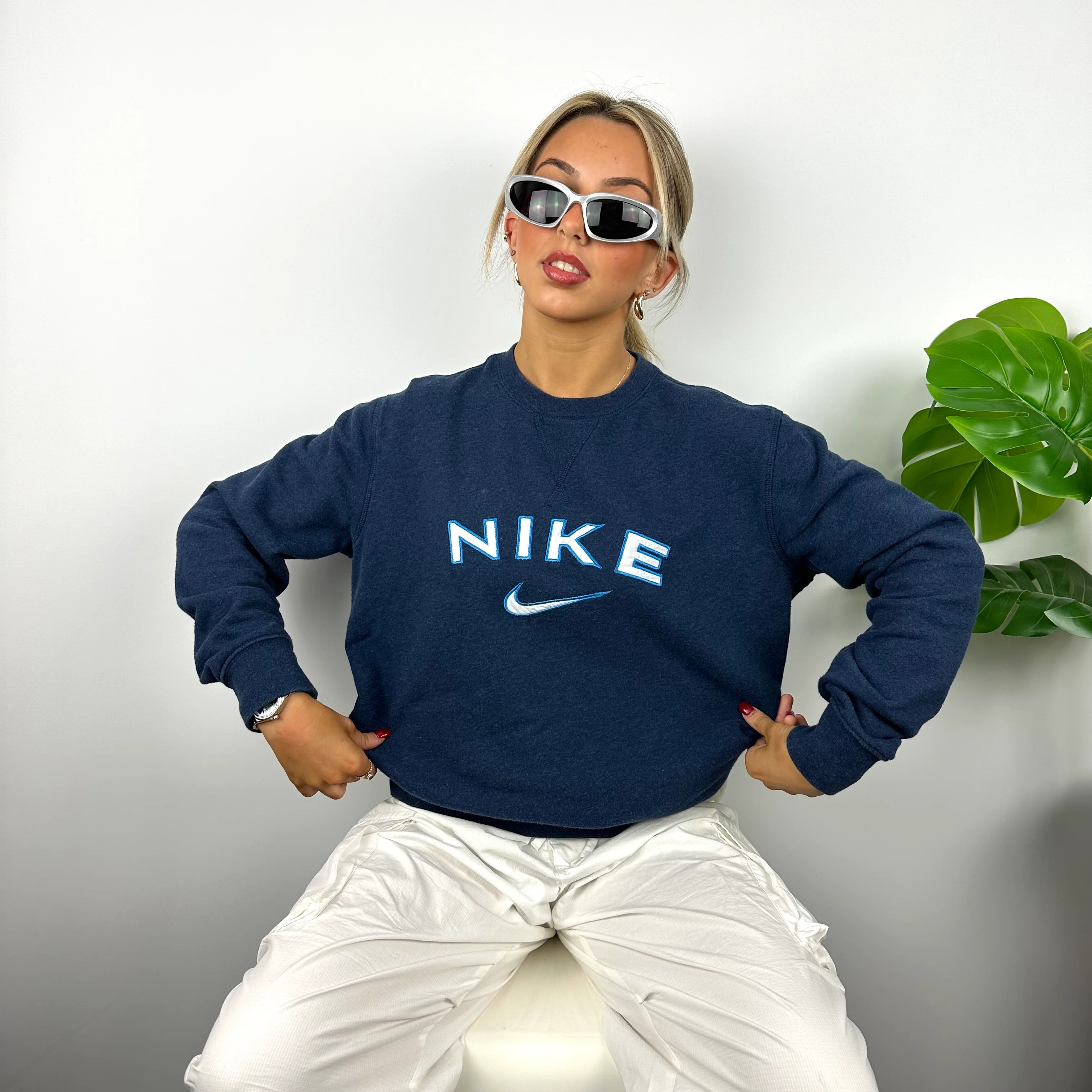Nike Navy Embroidered Spell Out Sweatshirt (L) - Image 3