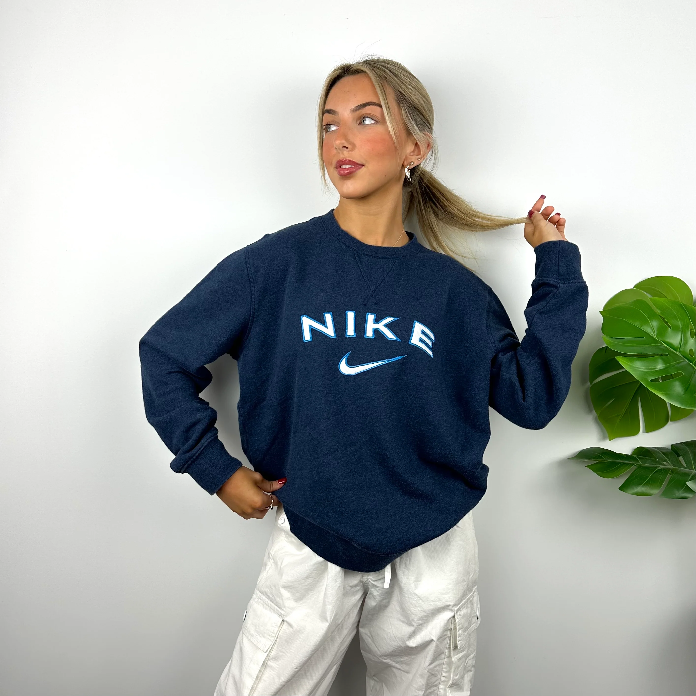 Nike Navy Embroidered Spell Out Sweatshirt (L) - Image 4