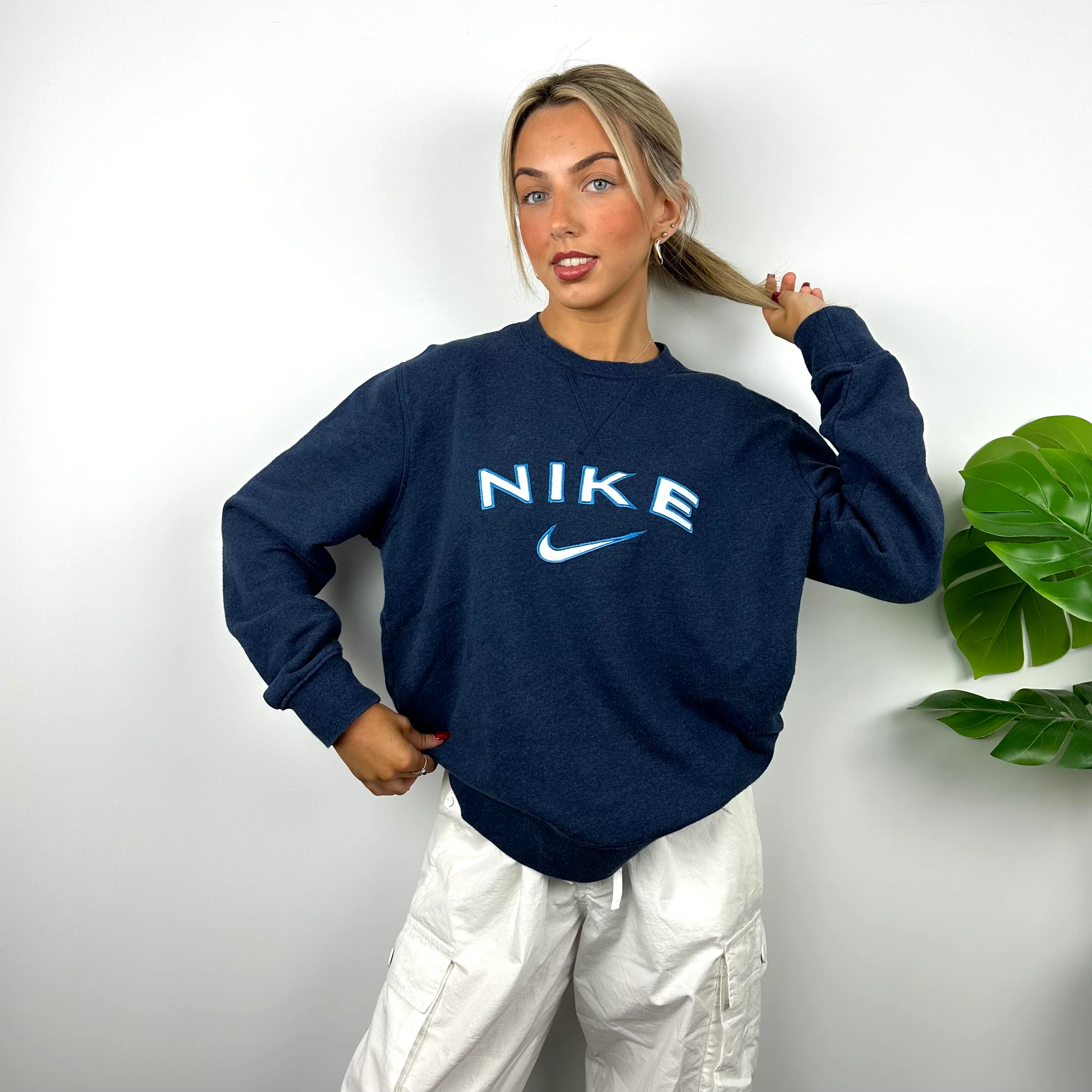 Nike Navy Embroidered Spell Out Sweatshirt (L) - Image 8