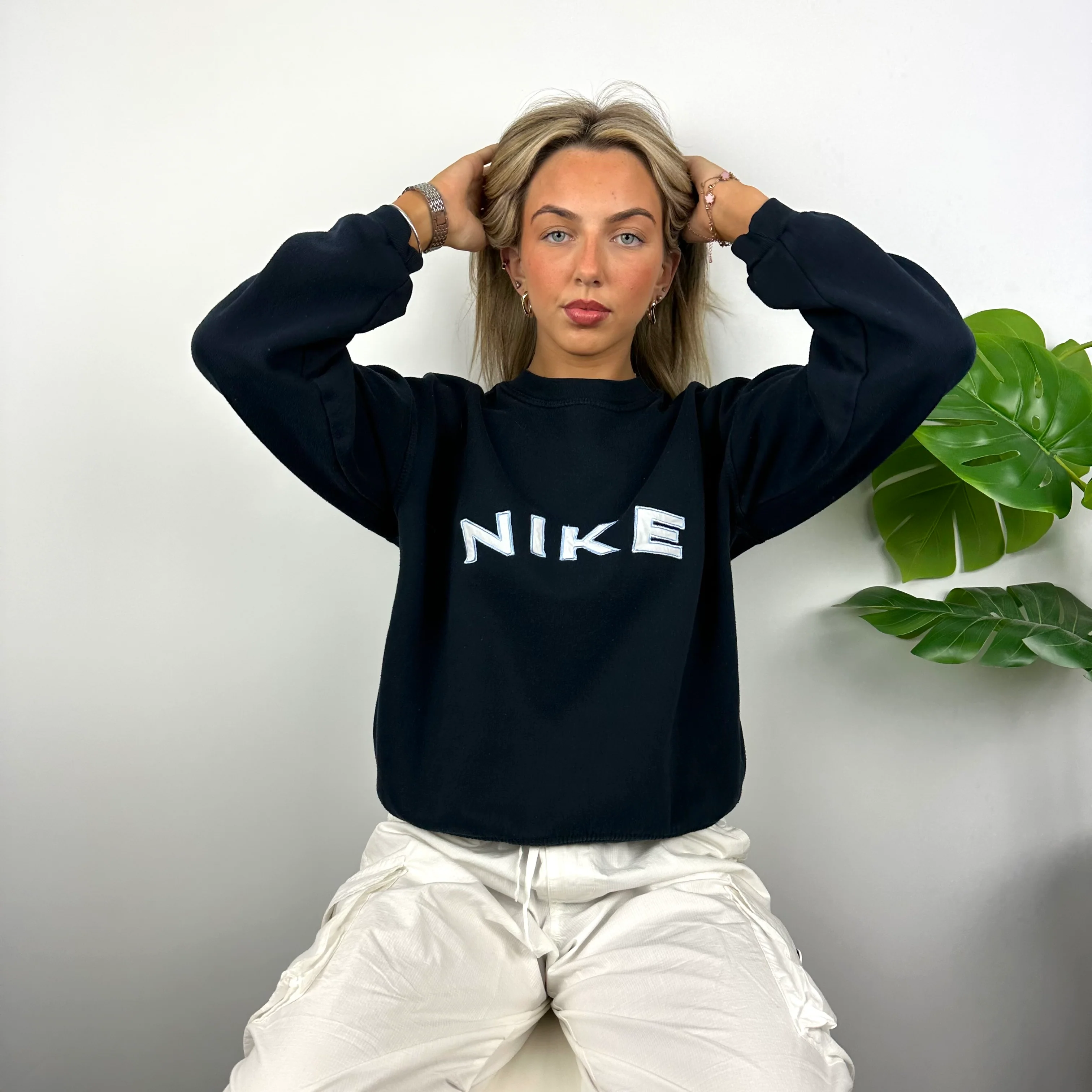 Nike Navy Embroidered Spell Out Sweatshirt (S) - Image 3