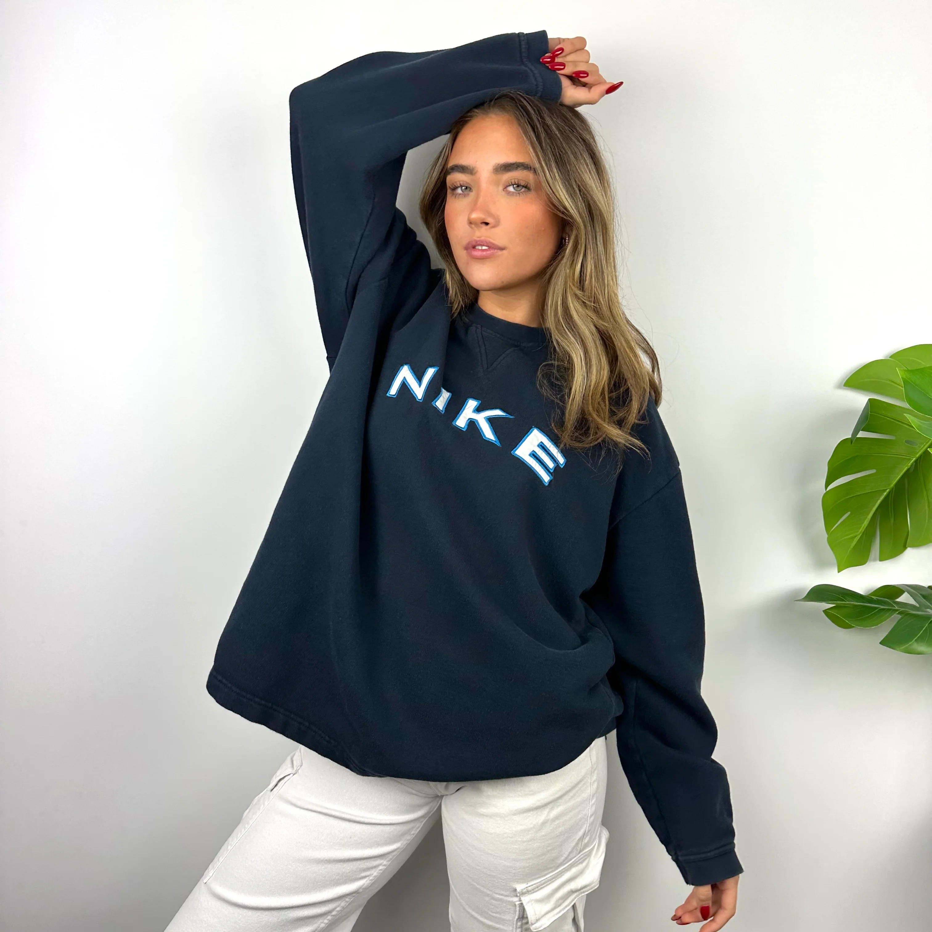 Nike Navy Embroidered Spell Out Sweatshirt (L) - Image 3
