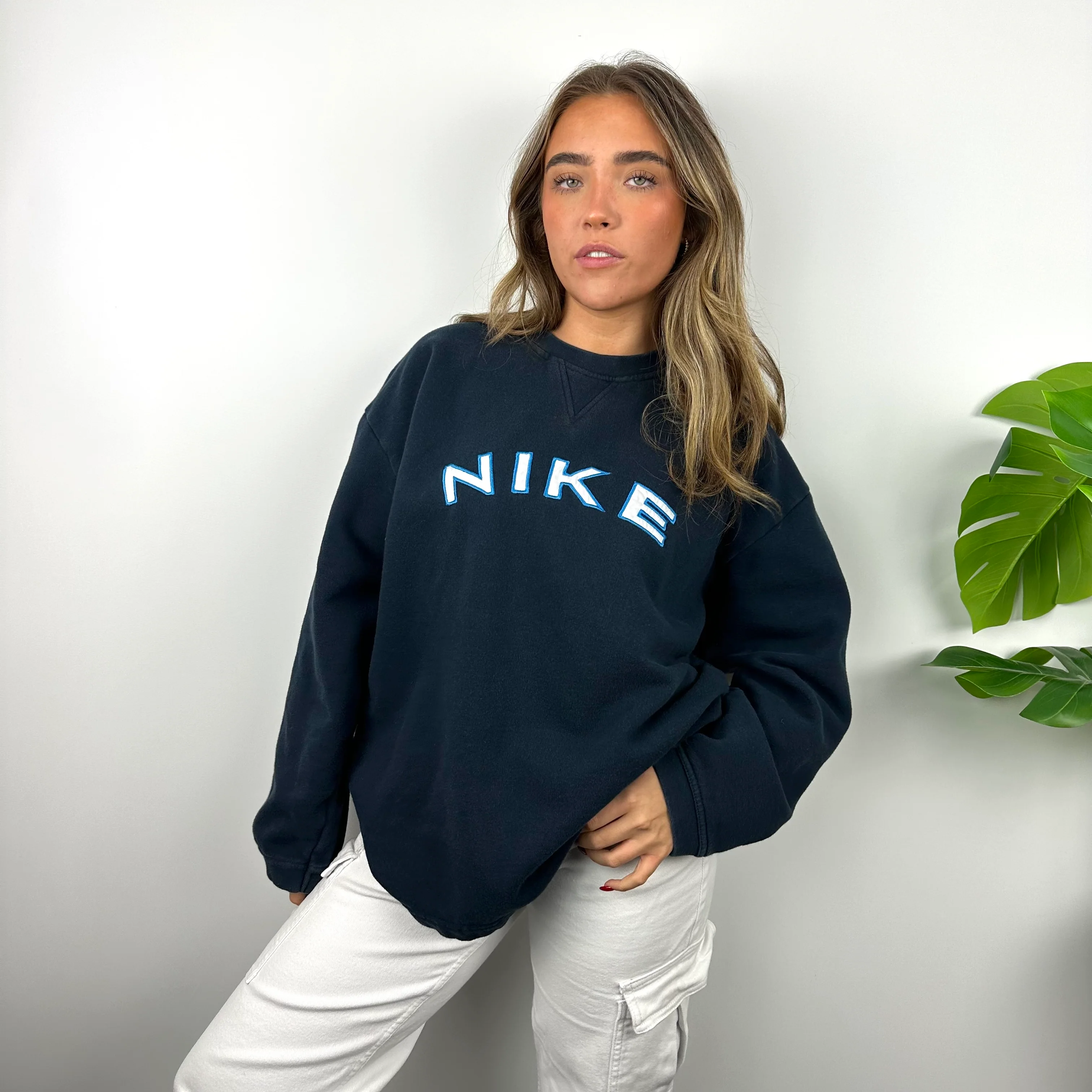 Nike Navy Embroidered Spell Out Sweatshirt (L) - Image 5