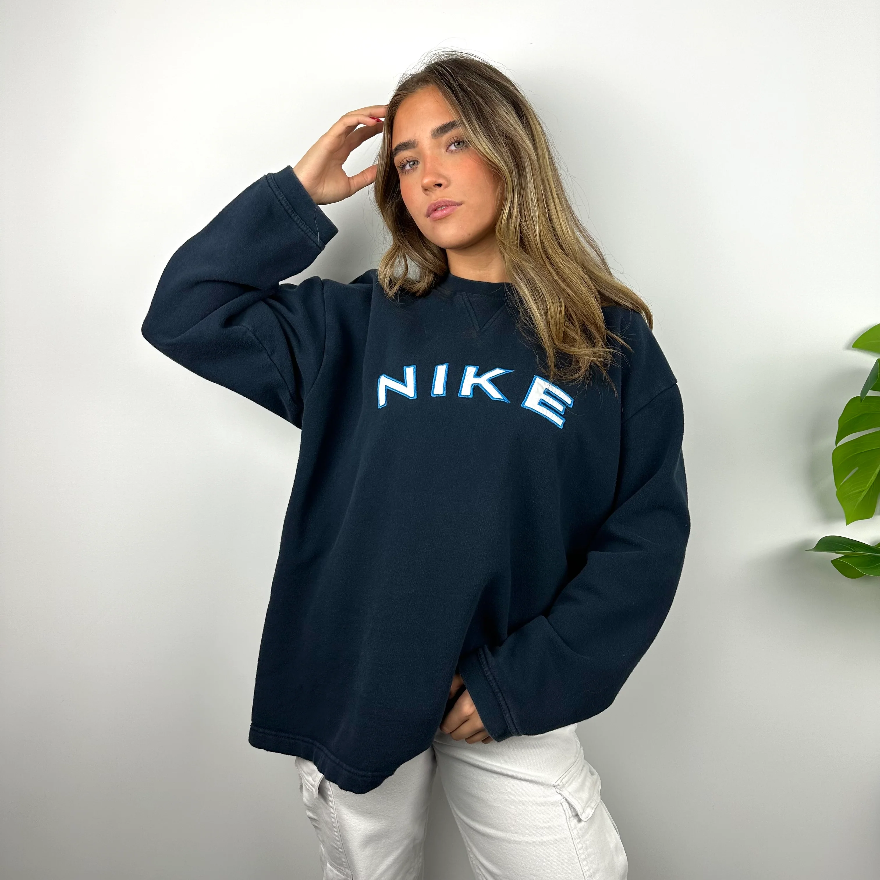 Nike Navy Embroidered Spell Out Sweatshirt (L) - Image 6