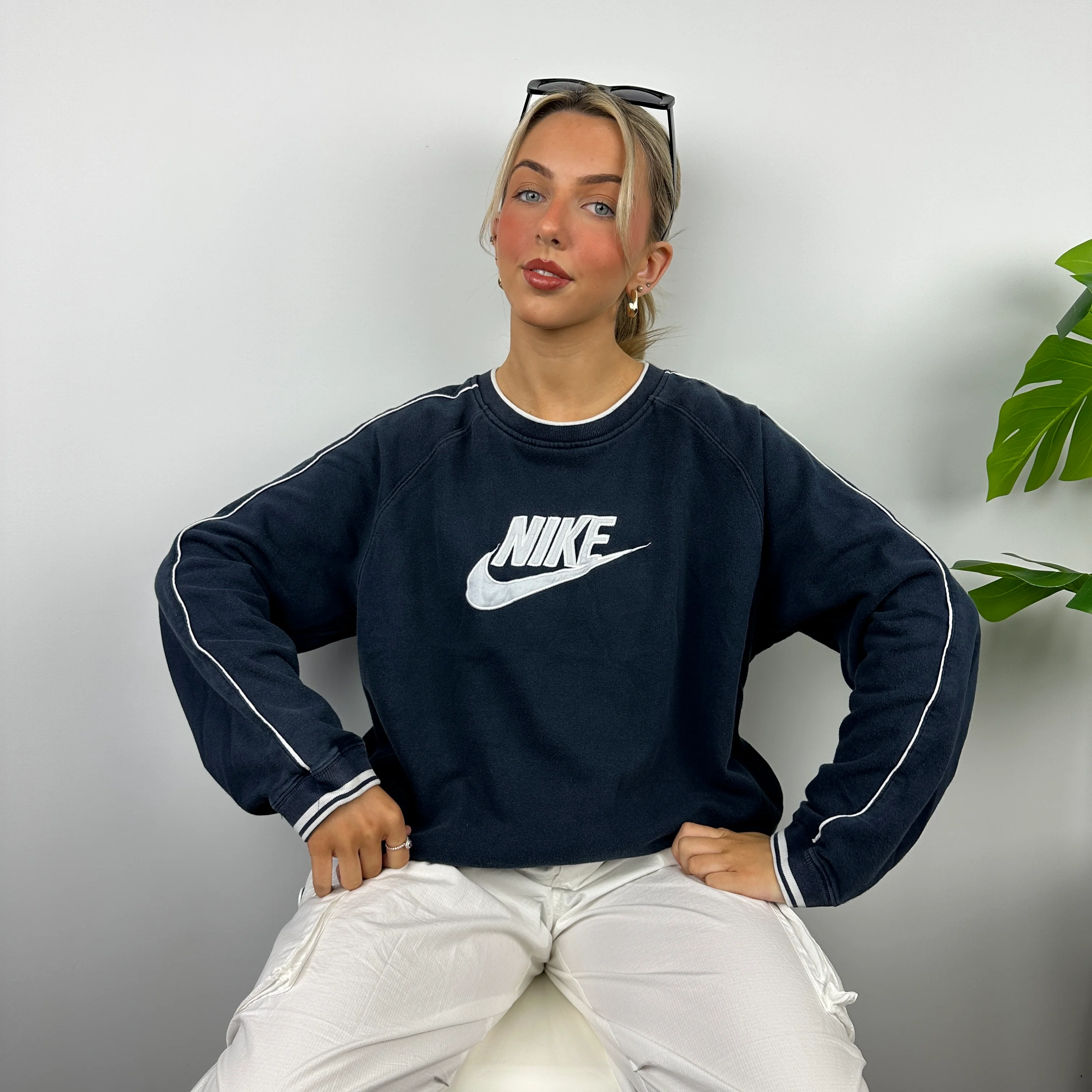 Nike Navy Embroidered Spell Out Sweatshirt (L) - Image 4