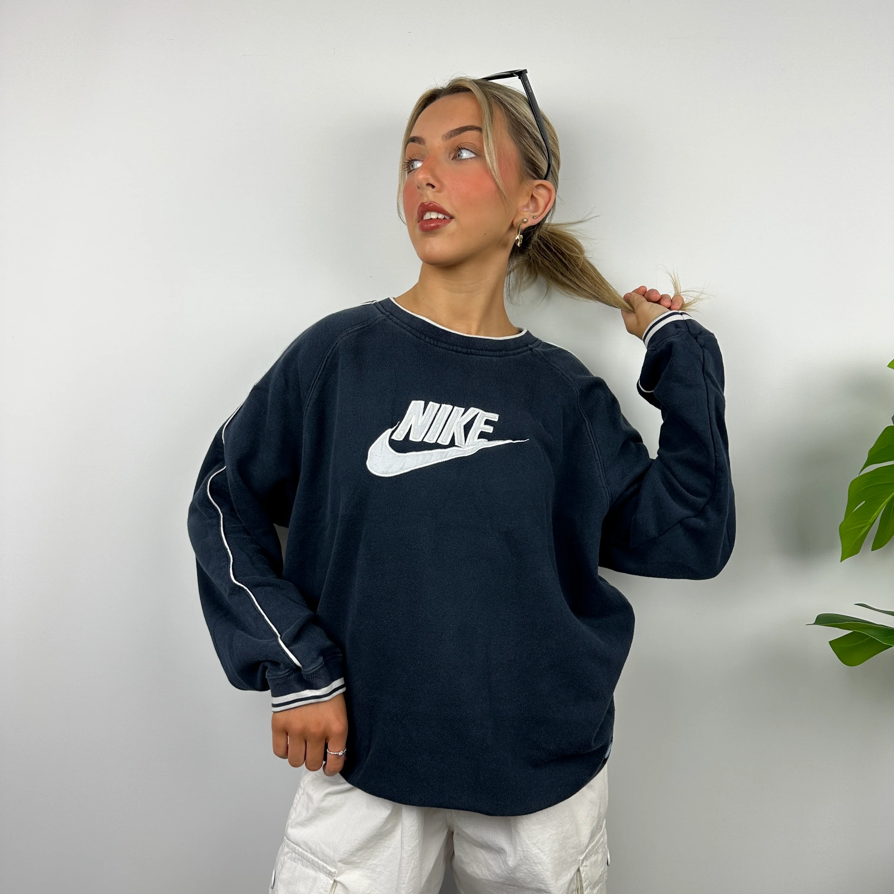 Nike Navy Embroidered Spell Out Sweatshirt (L) - Image 5