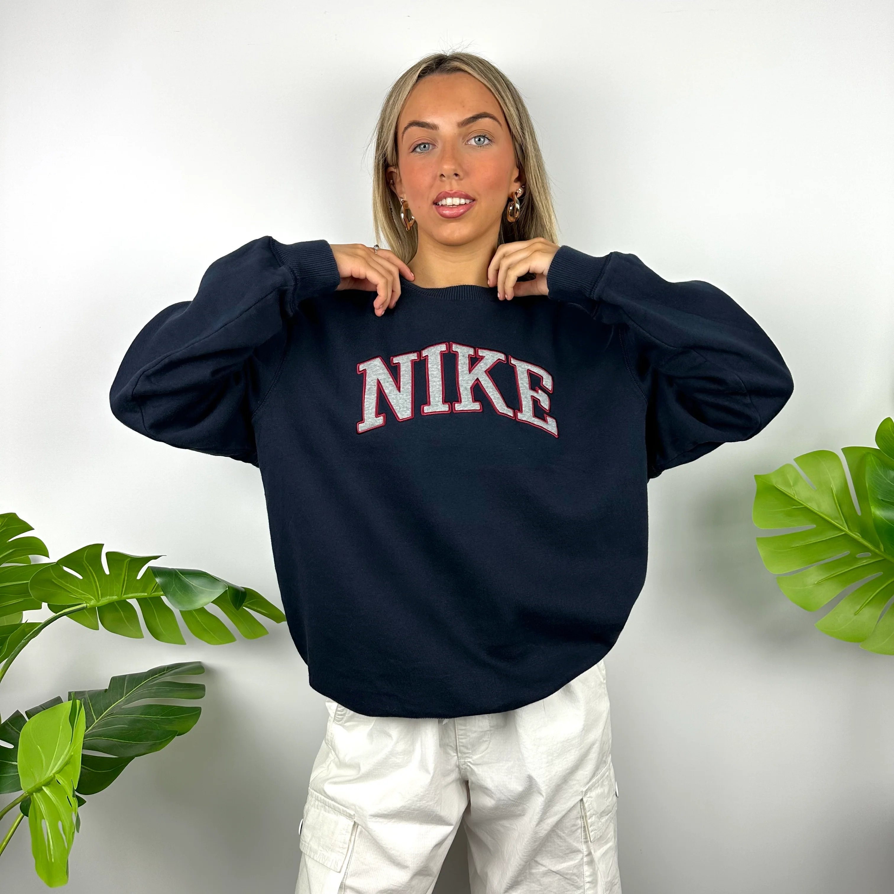 Nike Navy Embroidered Spell Out Sweatshirt (L) - Image 2