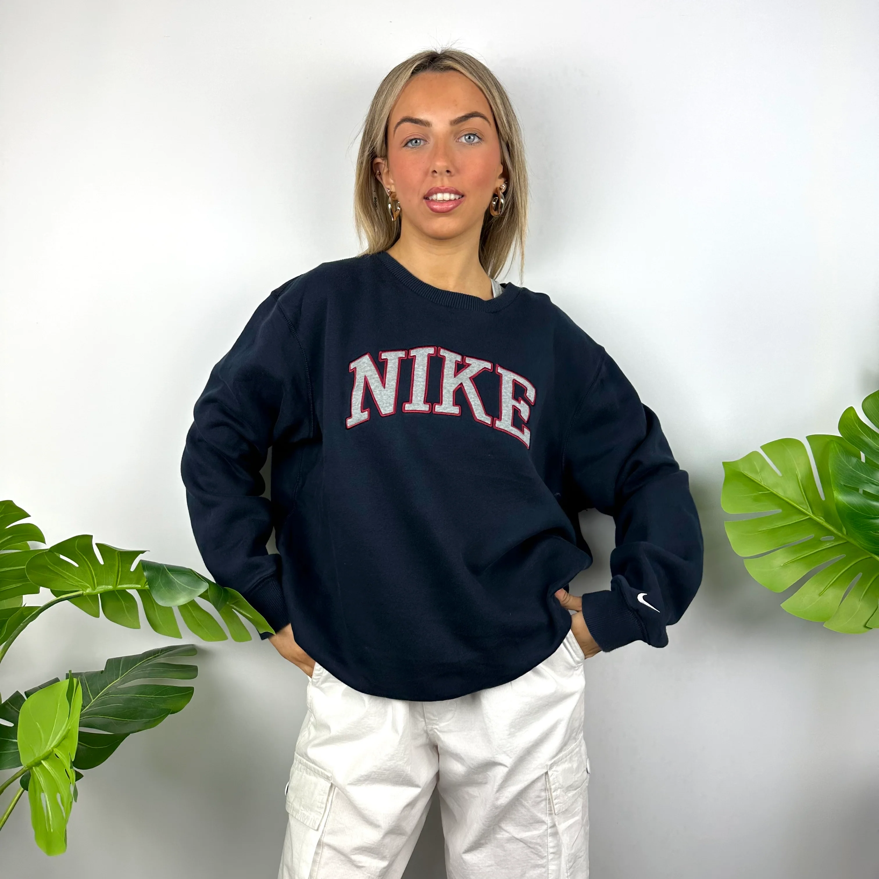 Nike Navy Embroidered Spell Out Sweatshirt (L) - Image 5