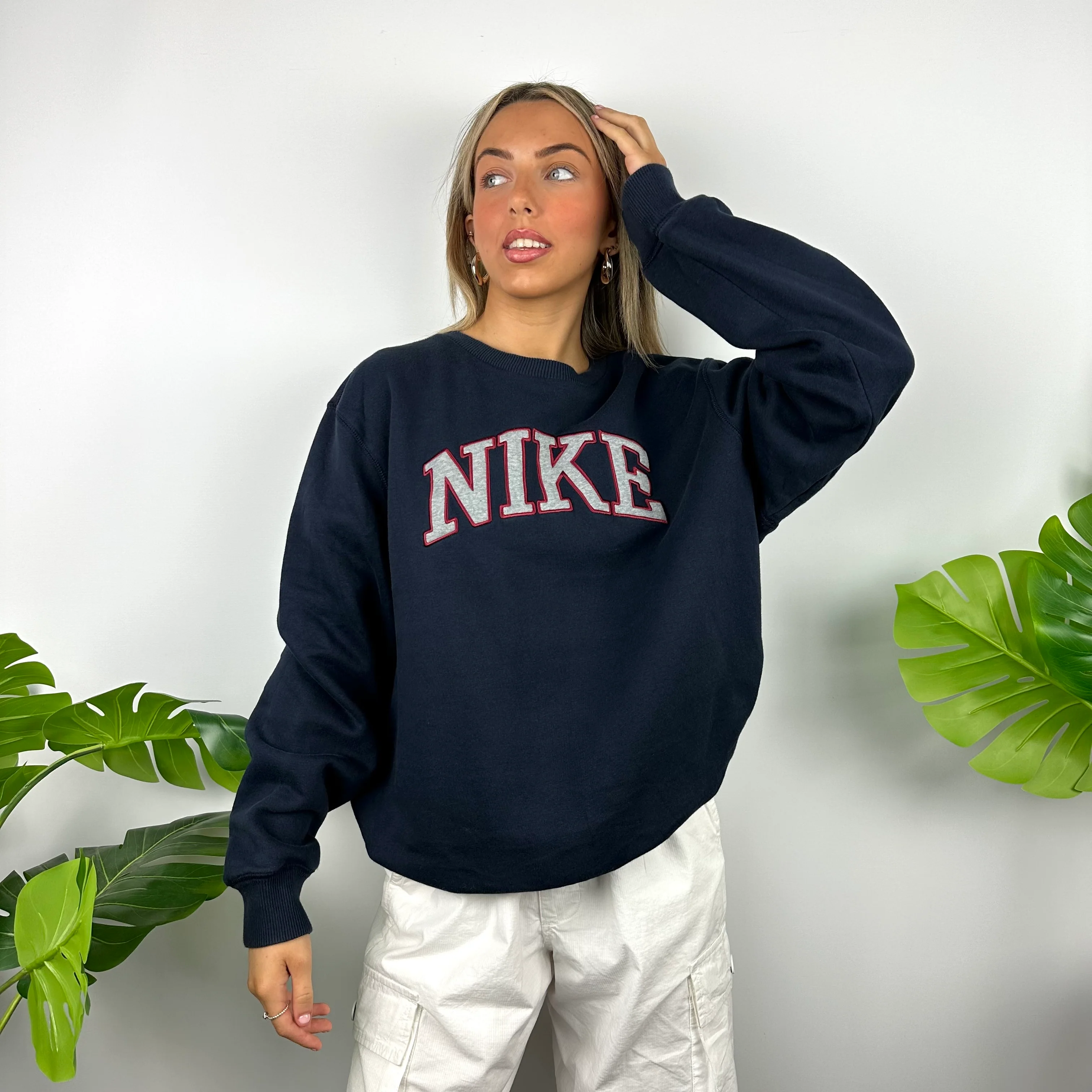 Nike Navy Embroidered Spell Out Sweatshirt (L) - Image 6