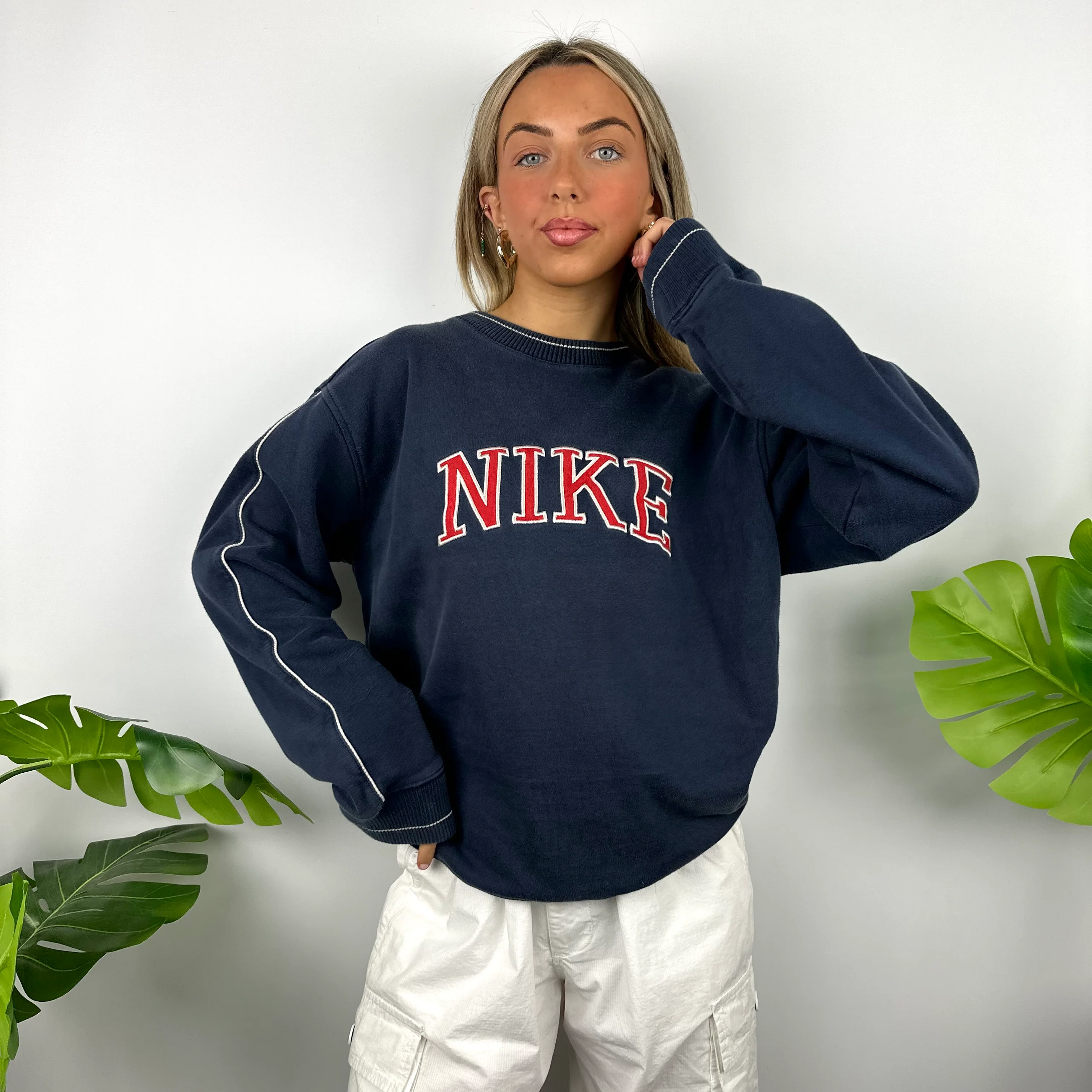 Nike Navy Embroidered Spell Out Sweatshirt (L) - Image 4