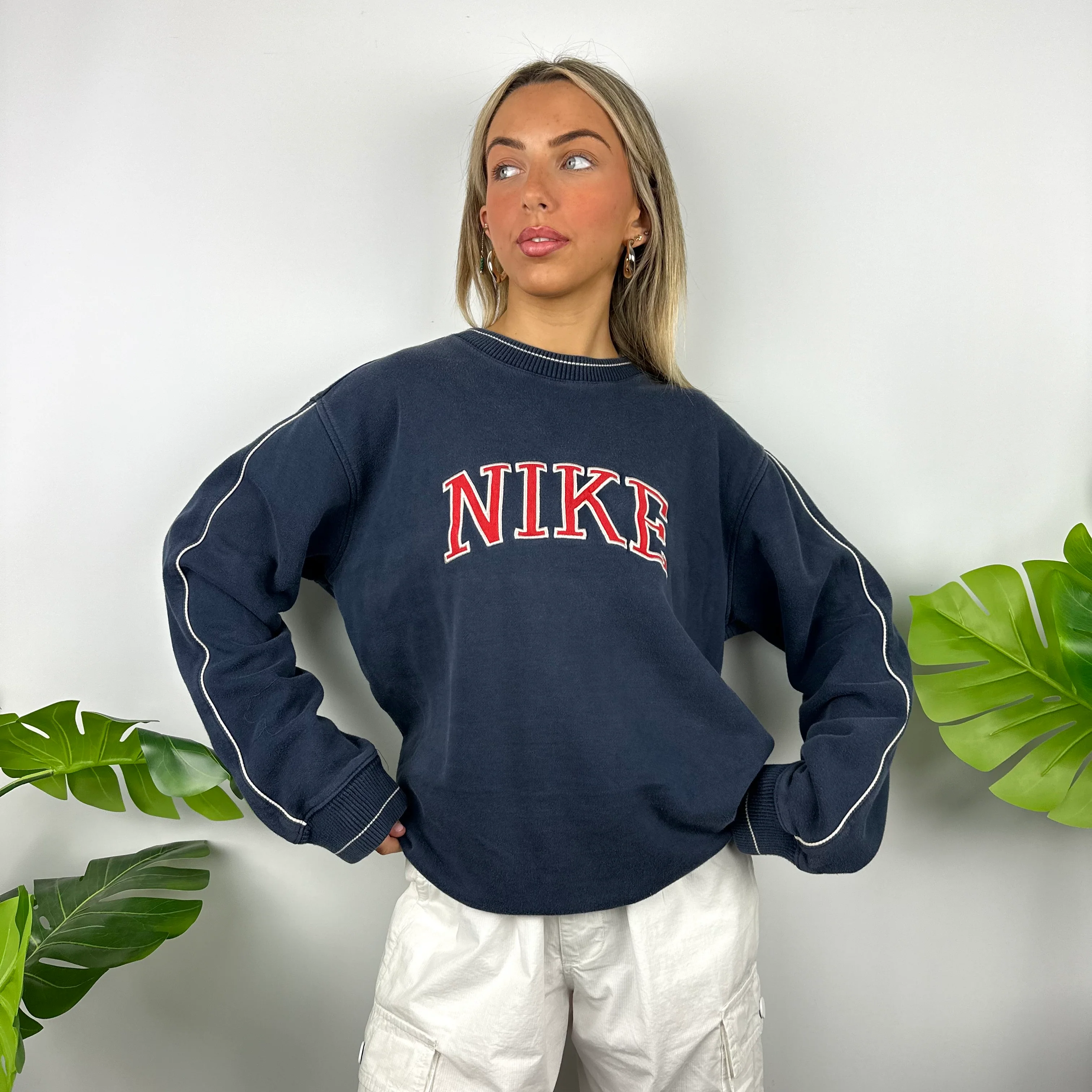 Nike Navy Embroidered Spell Out Sweatshirt (L) - Image 5