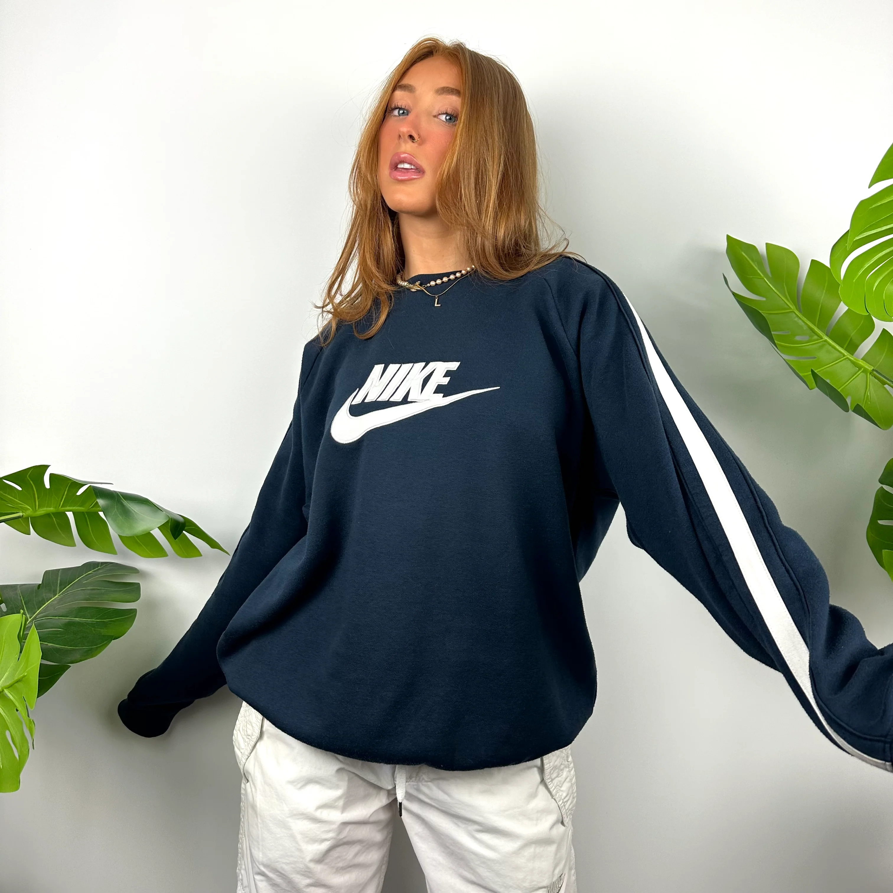 Nike Navy Embroidered Spell Out Sweatshirt (XL) - Image 2