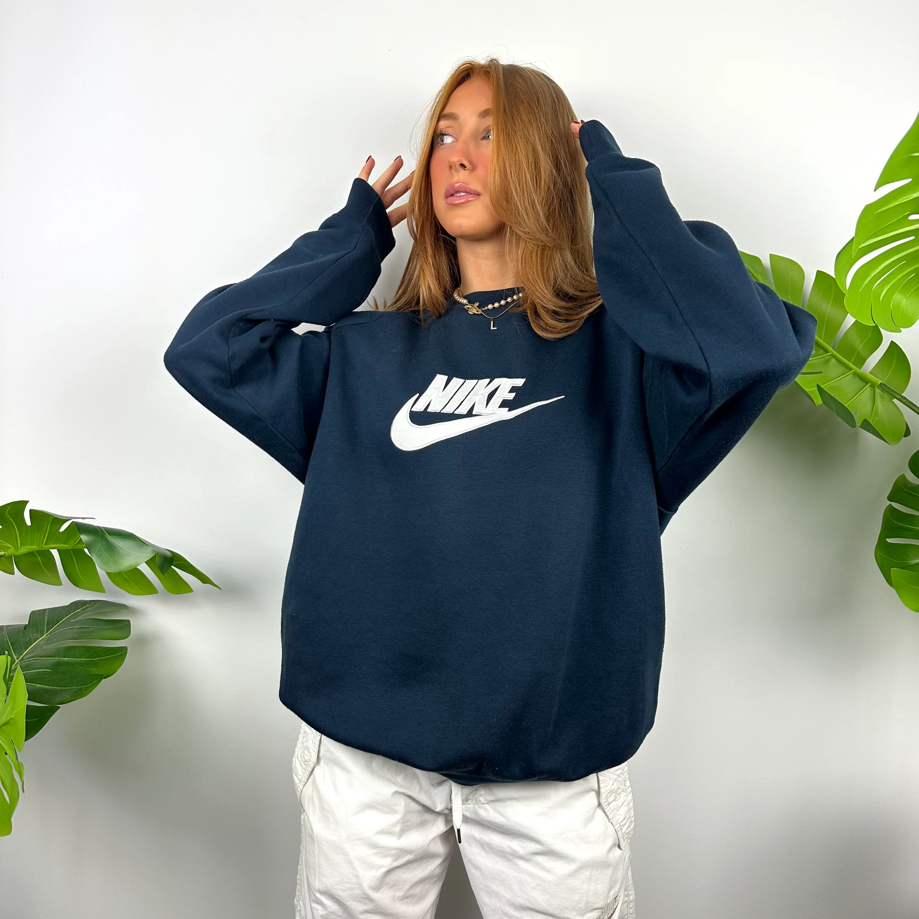 Nike Navy Embroidered Spell Out Sweatshirt (XL) - Image 3