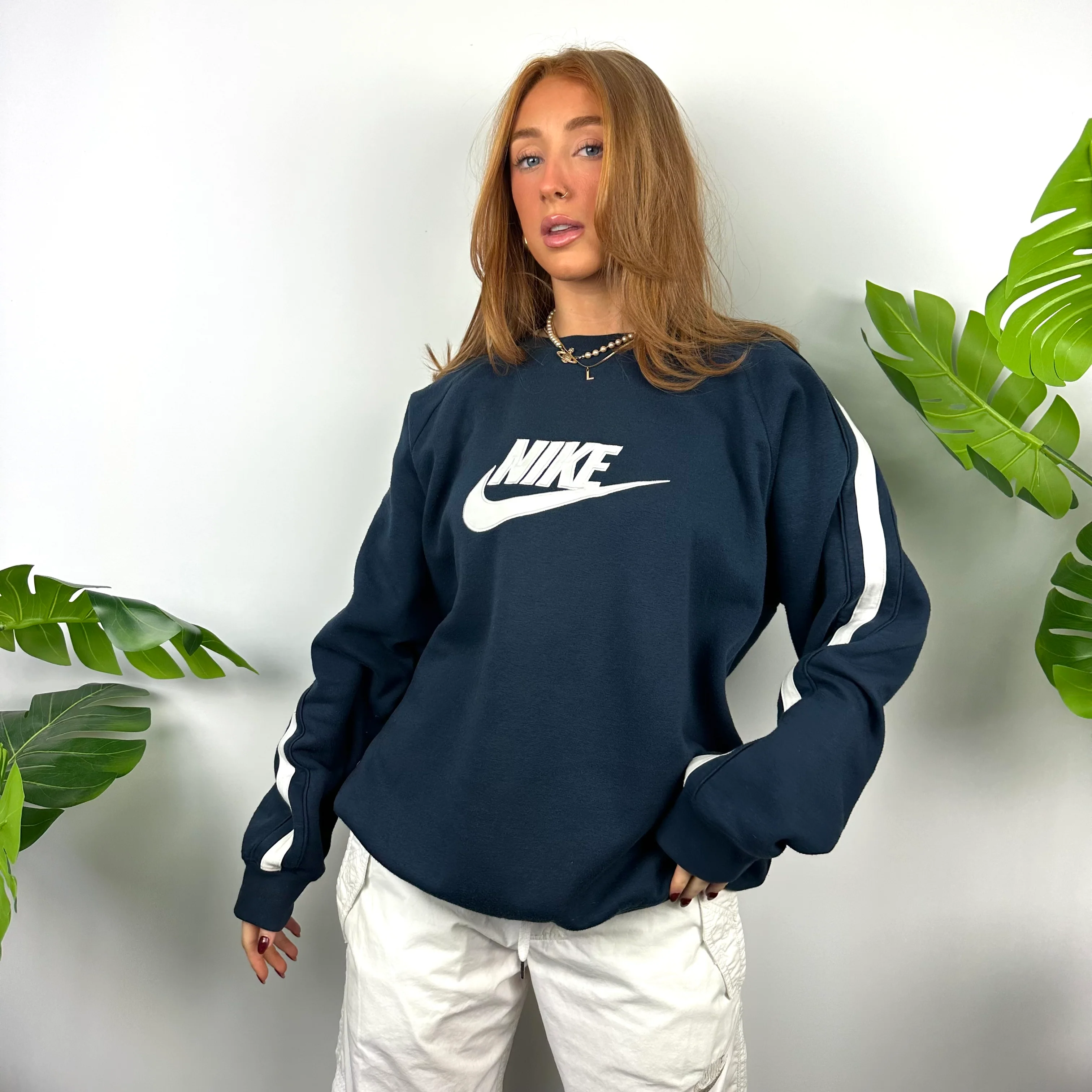 Nike Navy Embroidered Spell Out Sweatshirt (XL) - Image 5