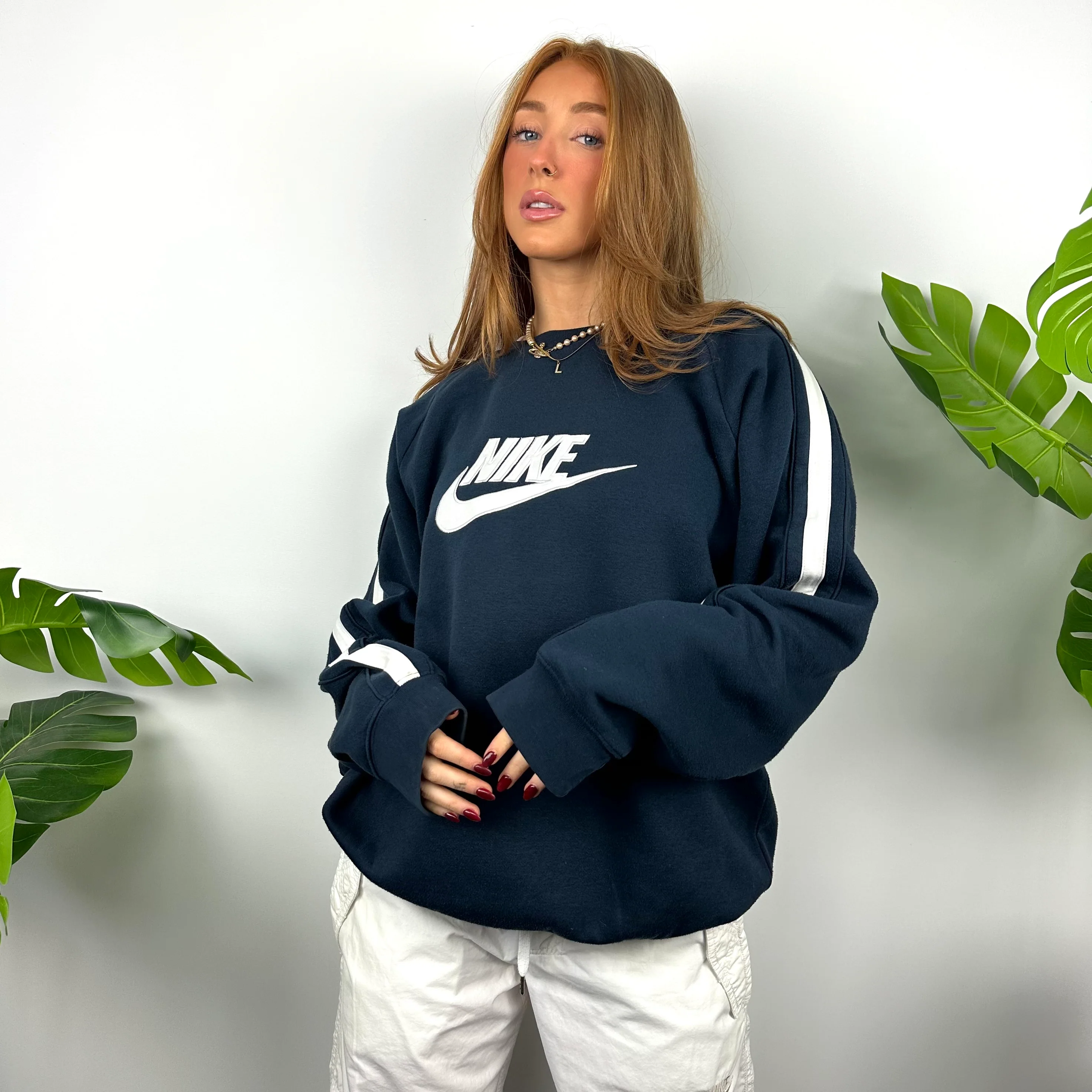 Nike Navy Embroidered Spell Out Sweatshirt (XL) - Image 6