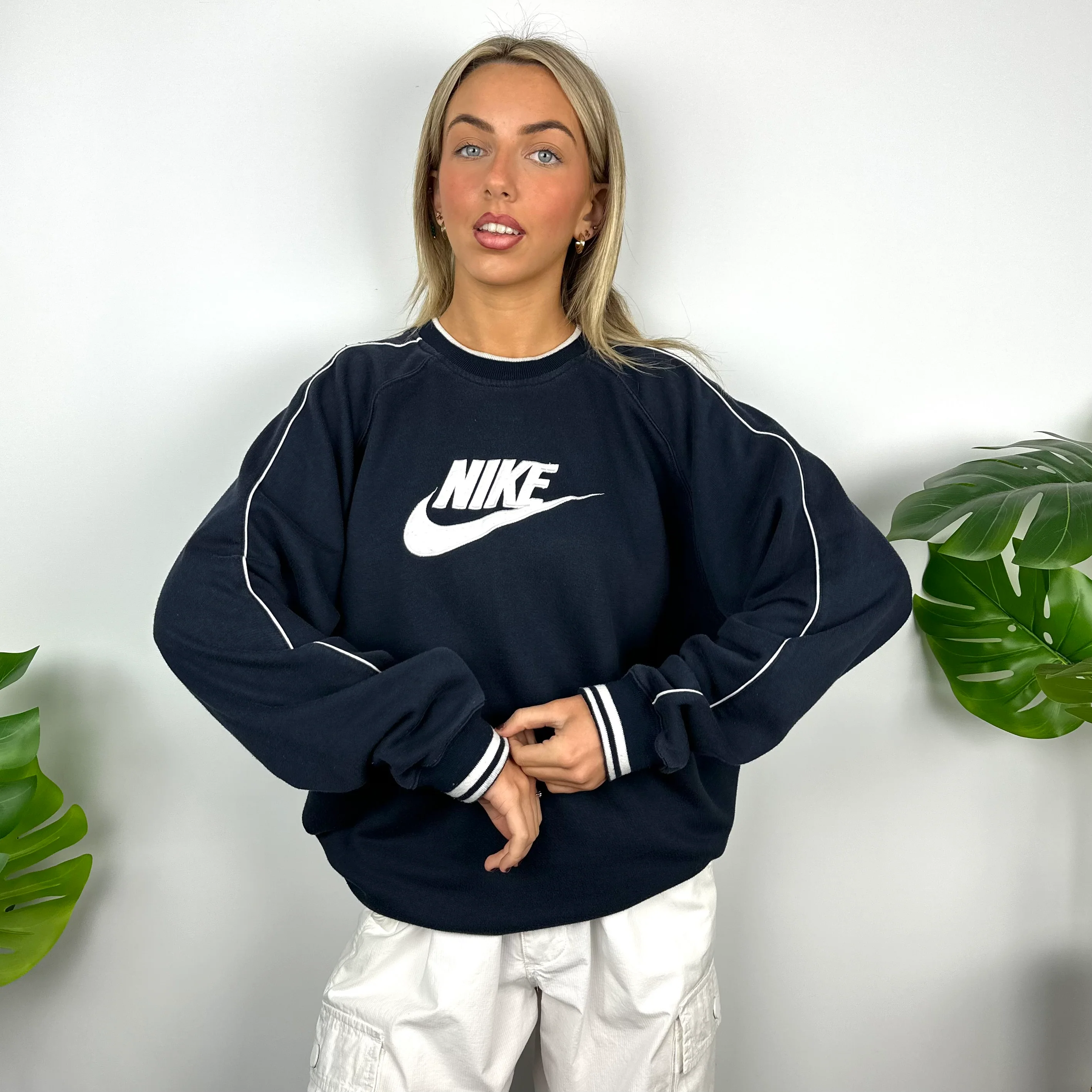 Nike Navy Embroidered Spell Out Sweatshirt (L) - Image 5