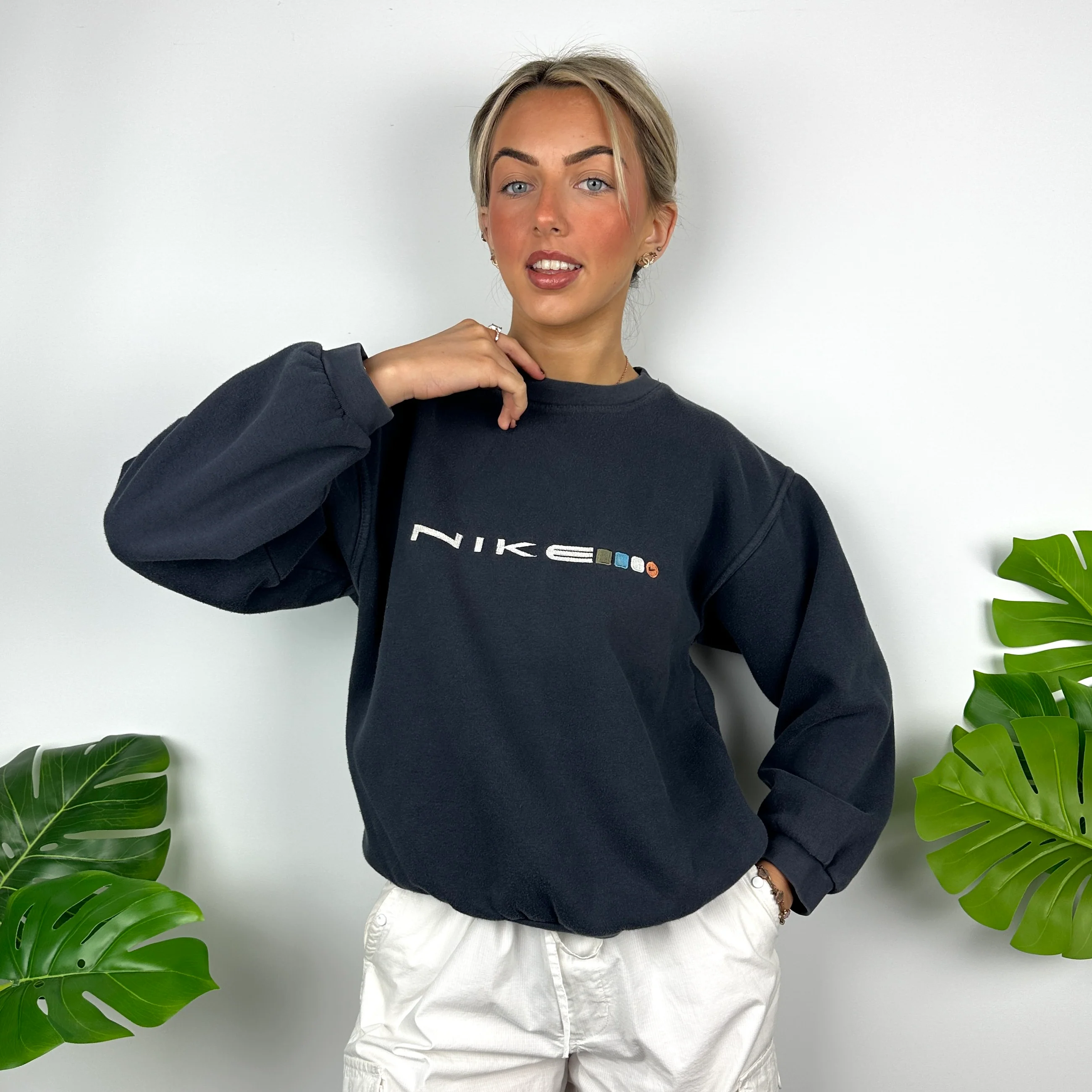 Nike Navy Embroidered Spell Out Sweatshirt (S) - Image 2