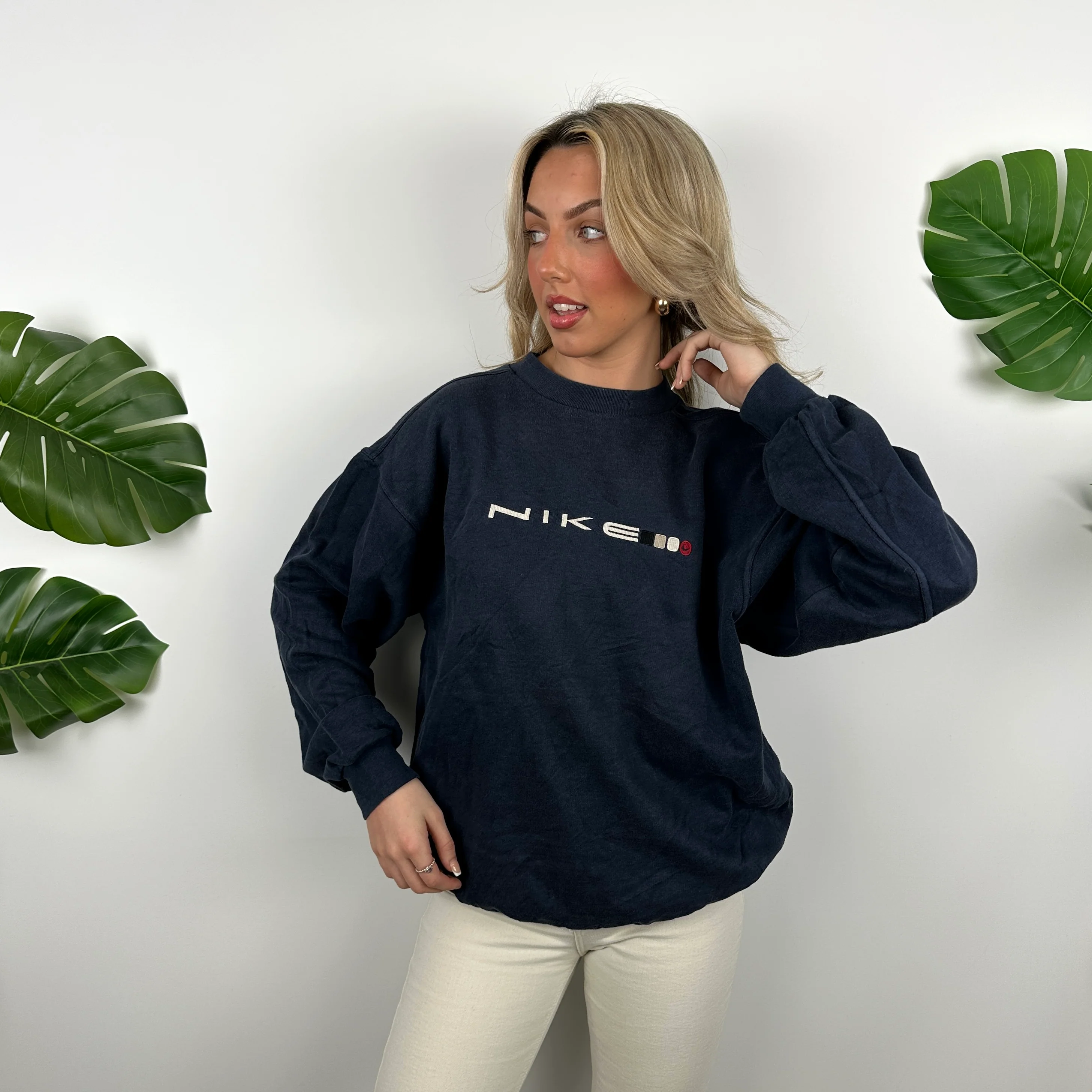 Nike Navy Embroidered Spell Out Sweatshirt (L) - Image 3