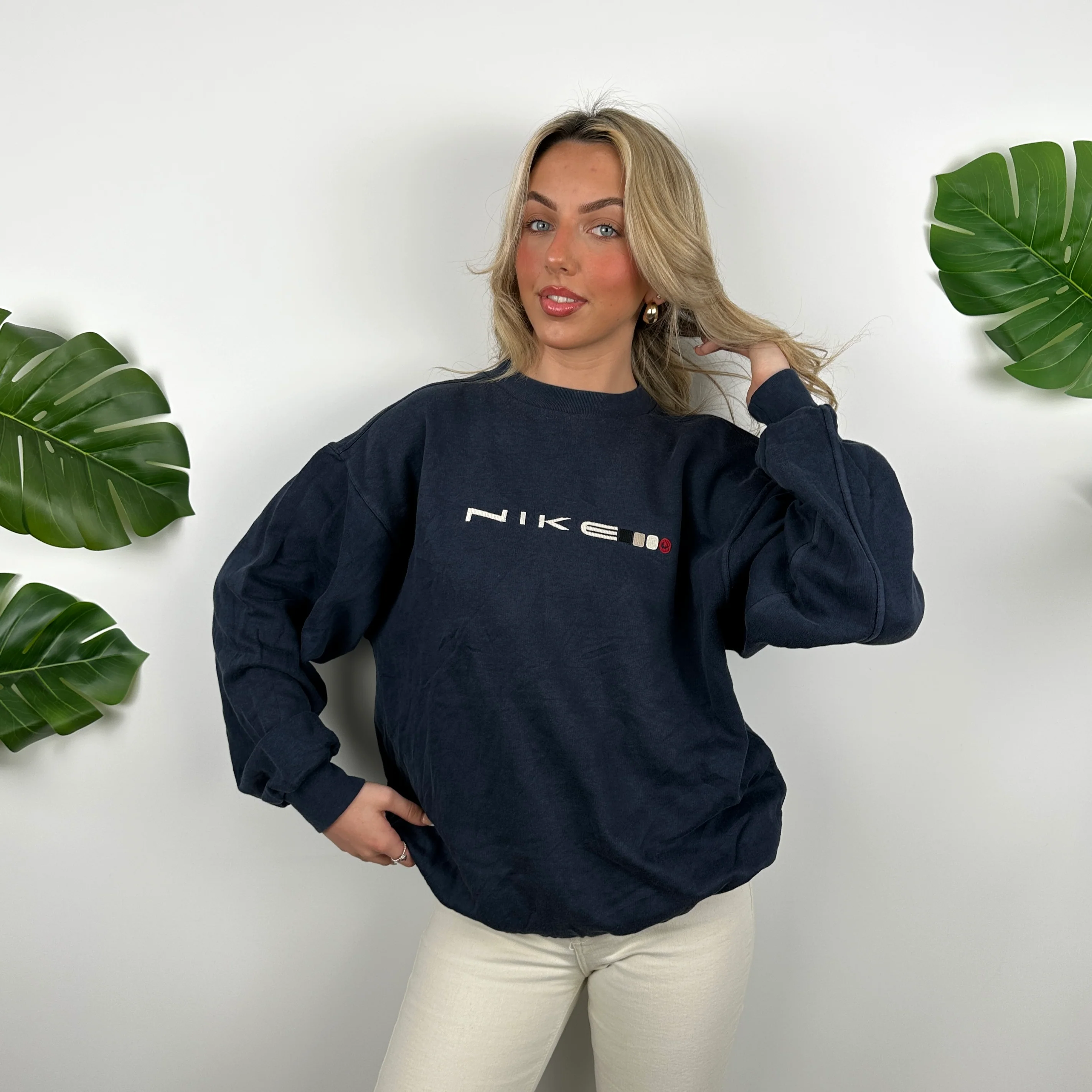Nike Navy Embroidered Spell Out Sweatshirt (L) - Image 4