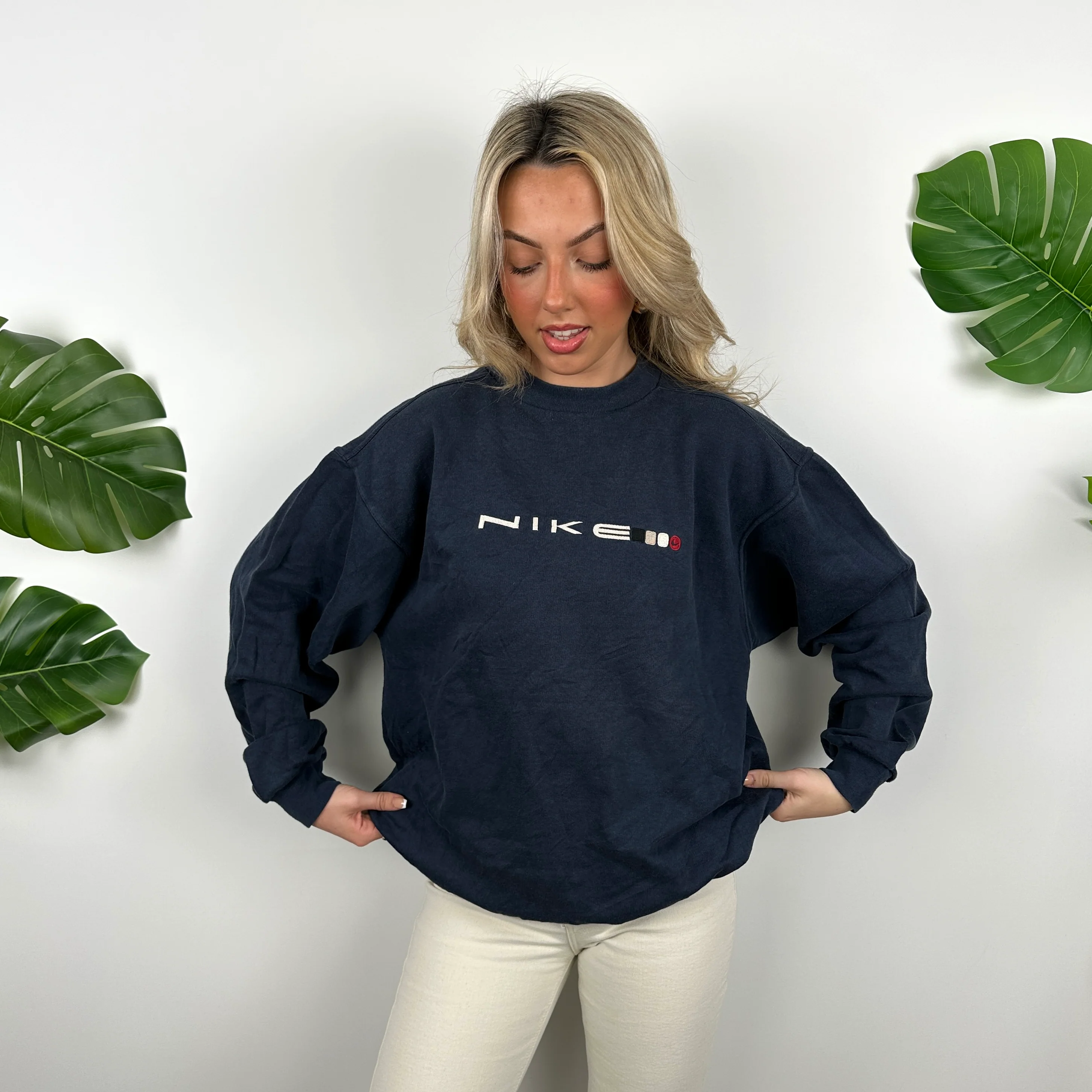 Nike Navy Embroidered Spell Out Sweatshirt (L) - Image 5