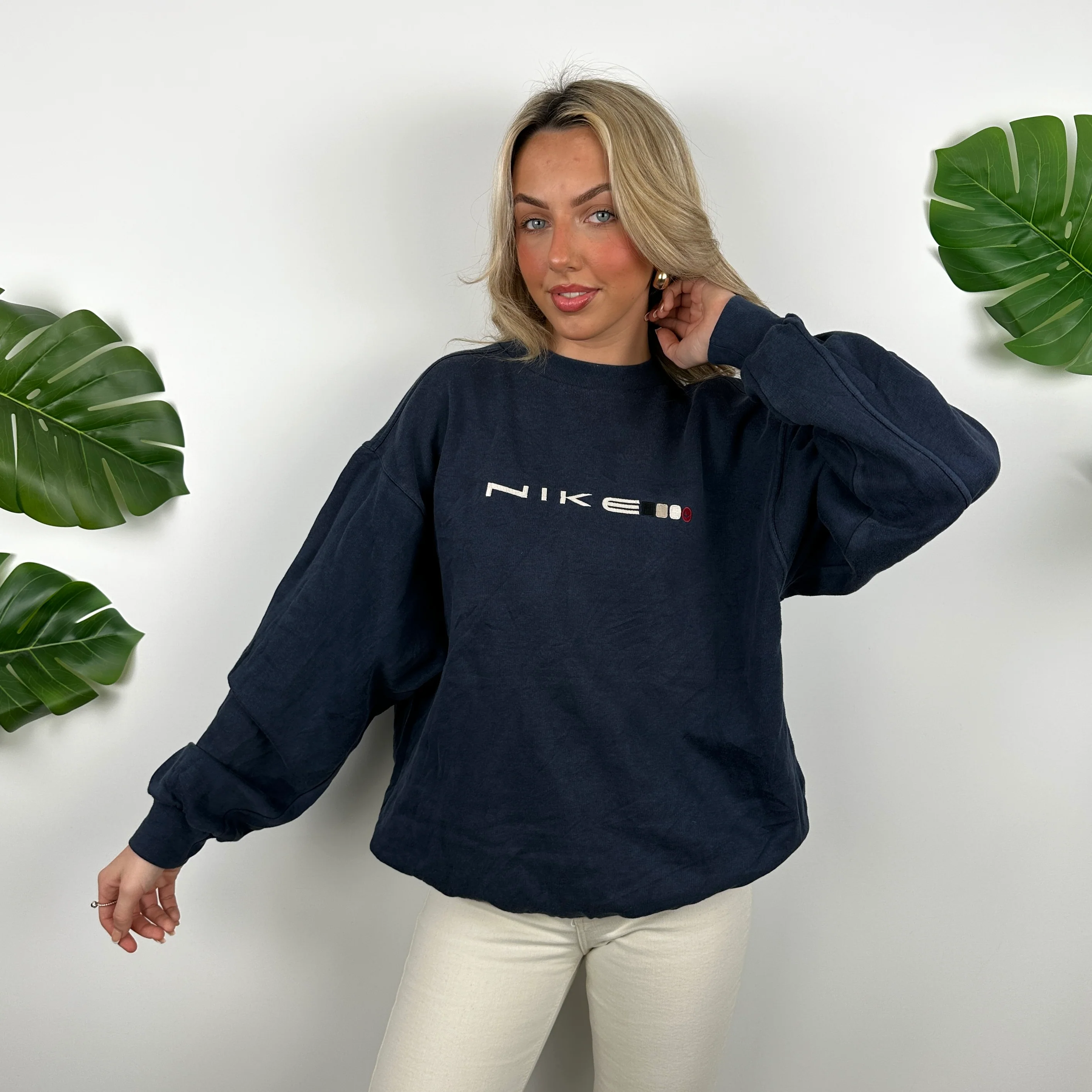 Nike Navy Embroidered Spell Out Sweatshirt (L) - Image 6