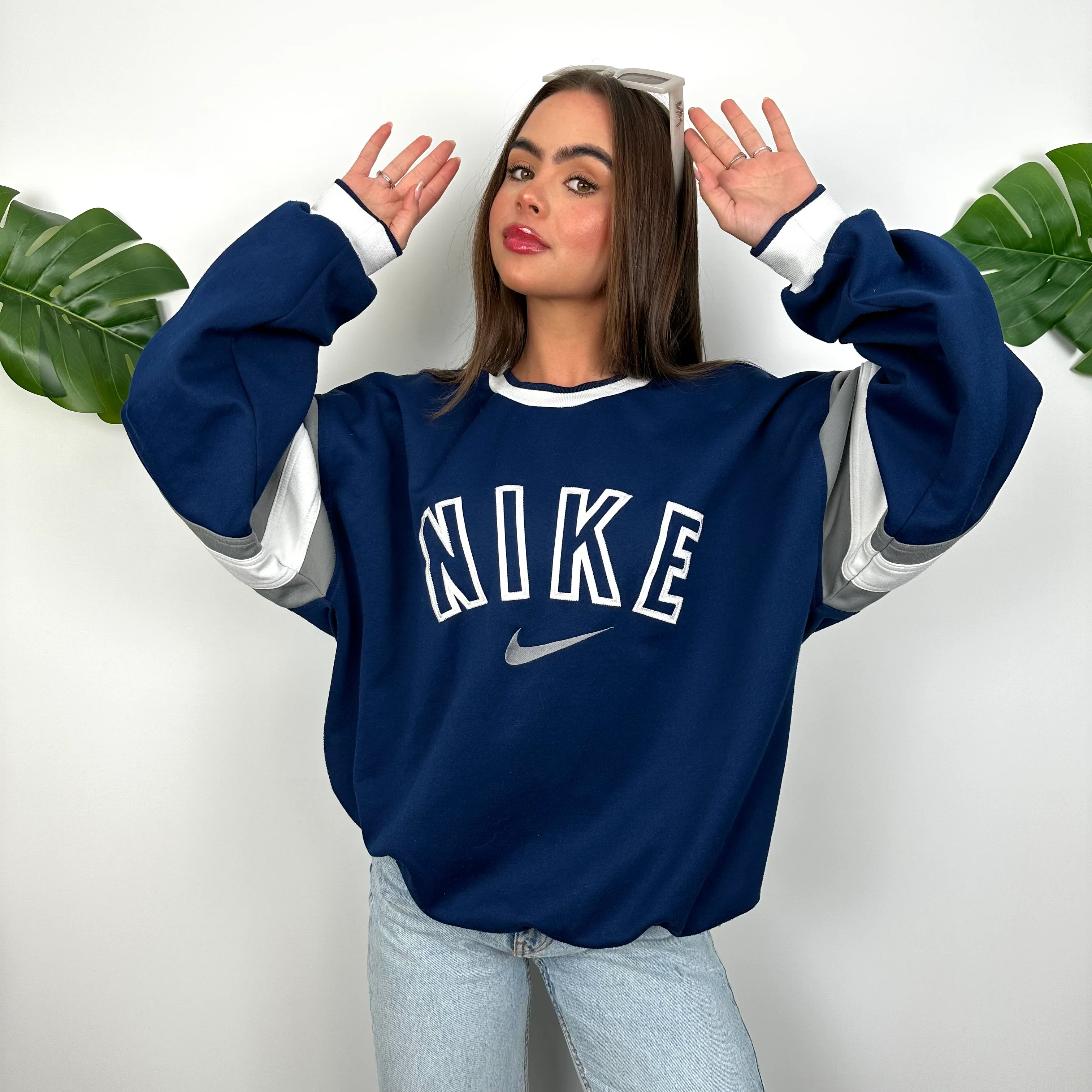 Nike Navy Embroidered Spell Out Sweatshirt (M) - Image 7
