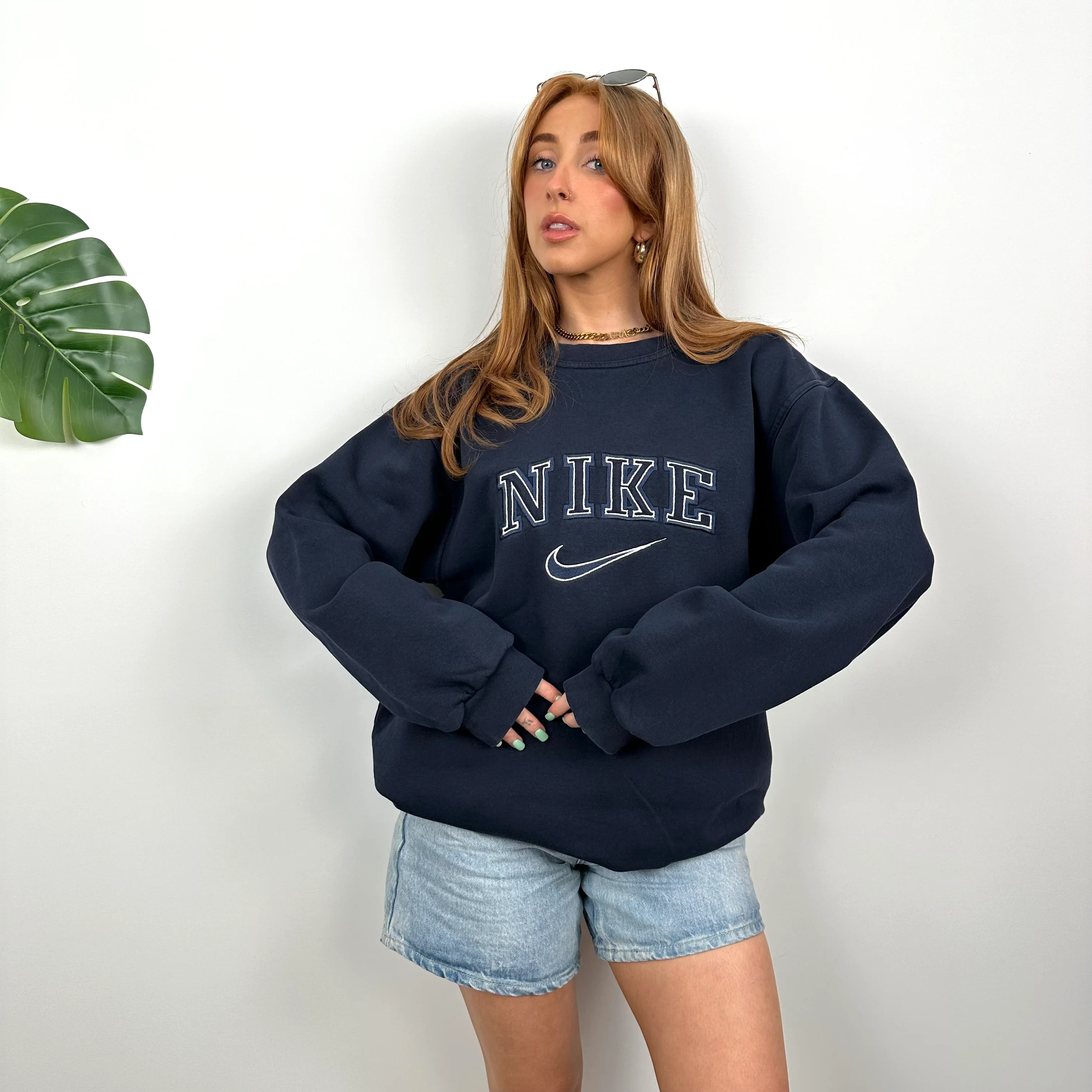 Nike Navy Embroidered Spell Out Sweatshirt (XL) - Image 5