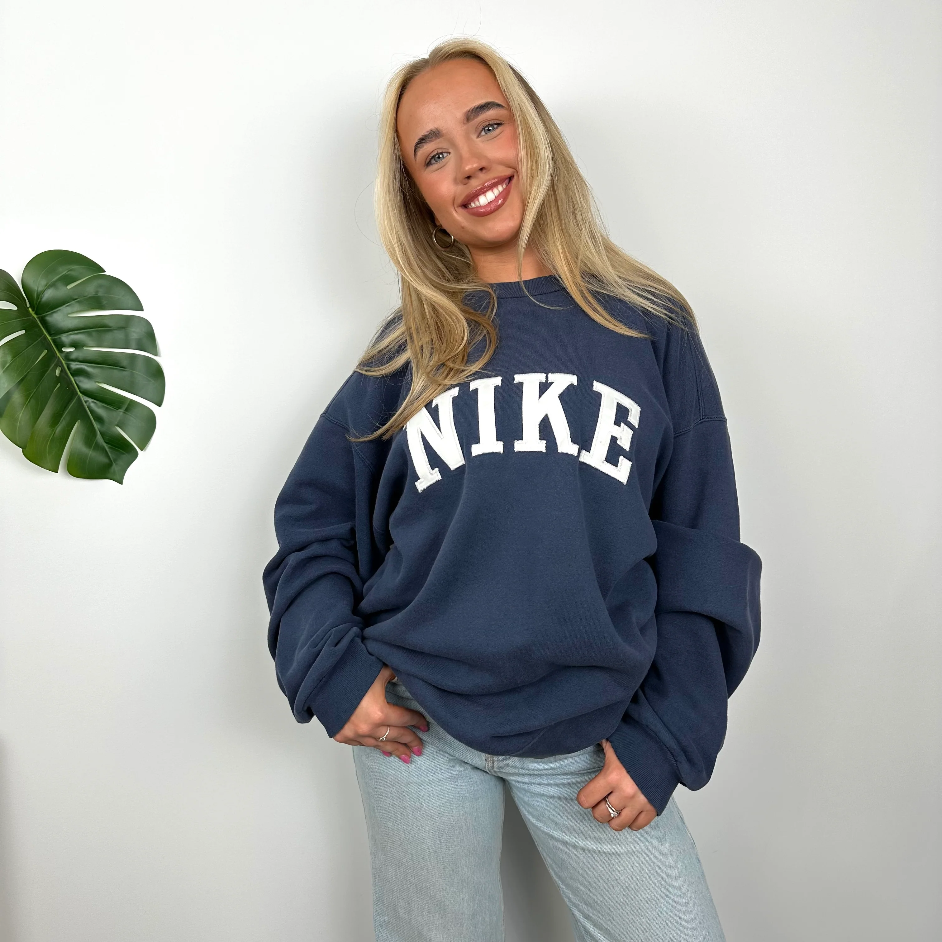 Nike Navy Embroidered Spell Out Sweatshirt (L) - Image 4