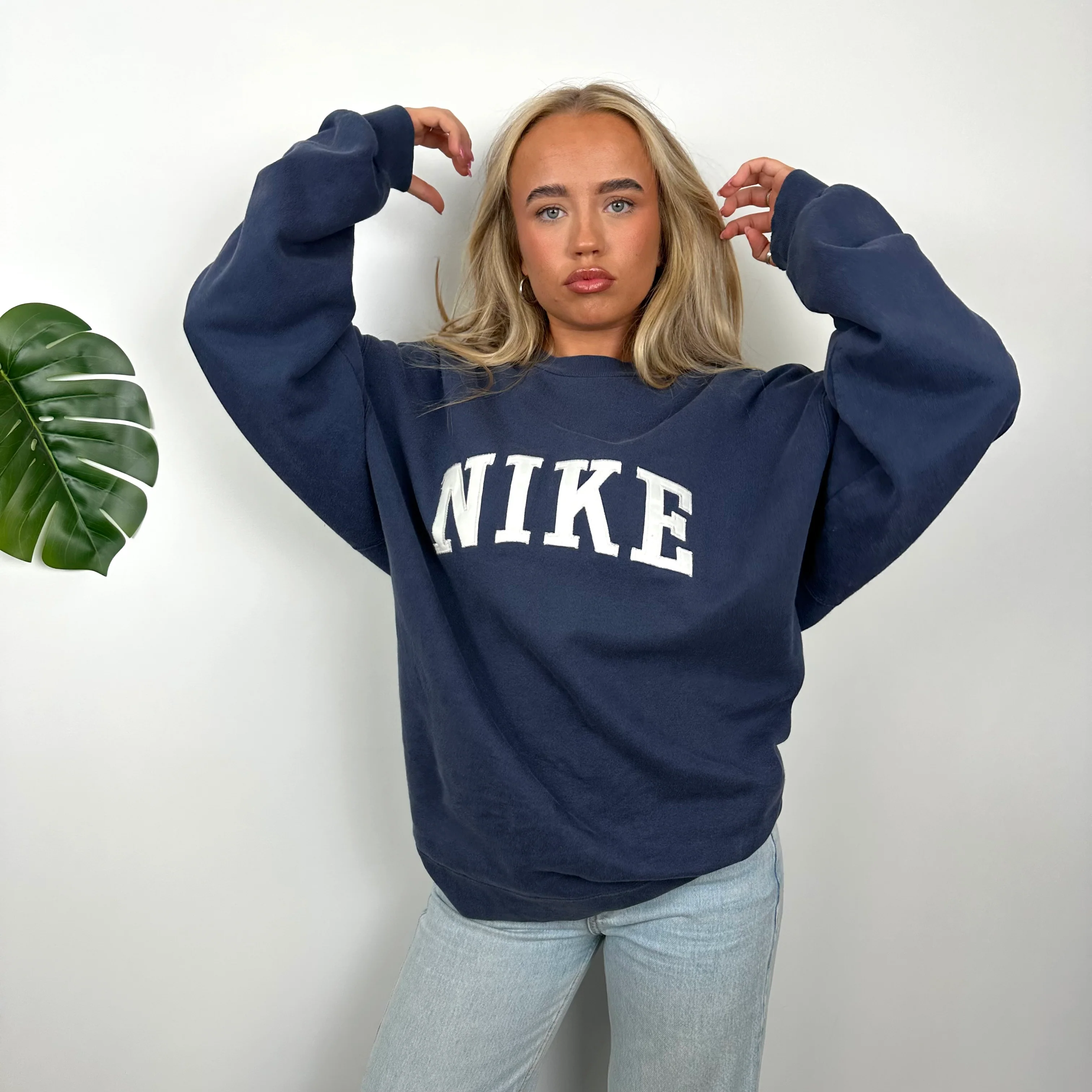 Nike Navy Embroidered Spell Out Sweatshirt (L) - Image 7