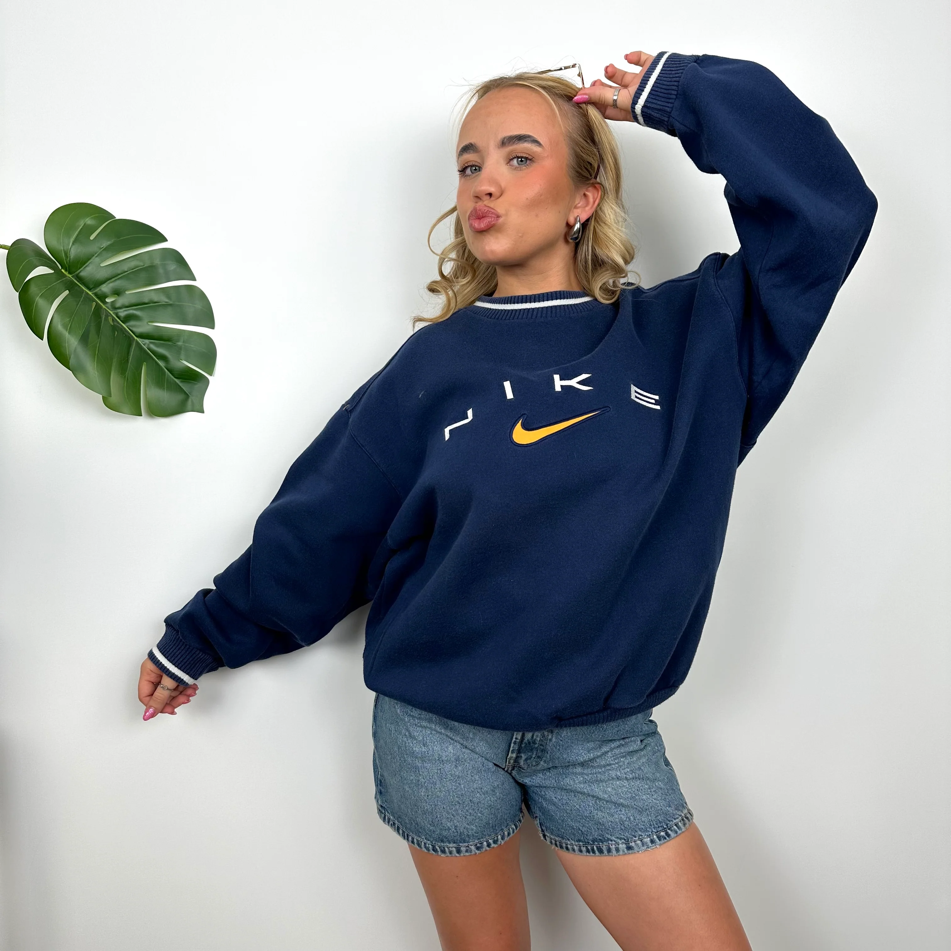 Nike Navy Embroidered Spell Out Sweatshirt (L) - Image 6