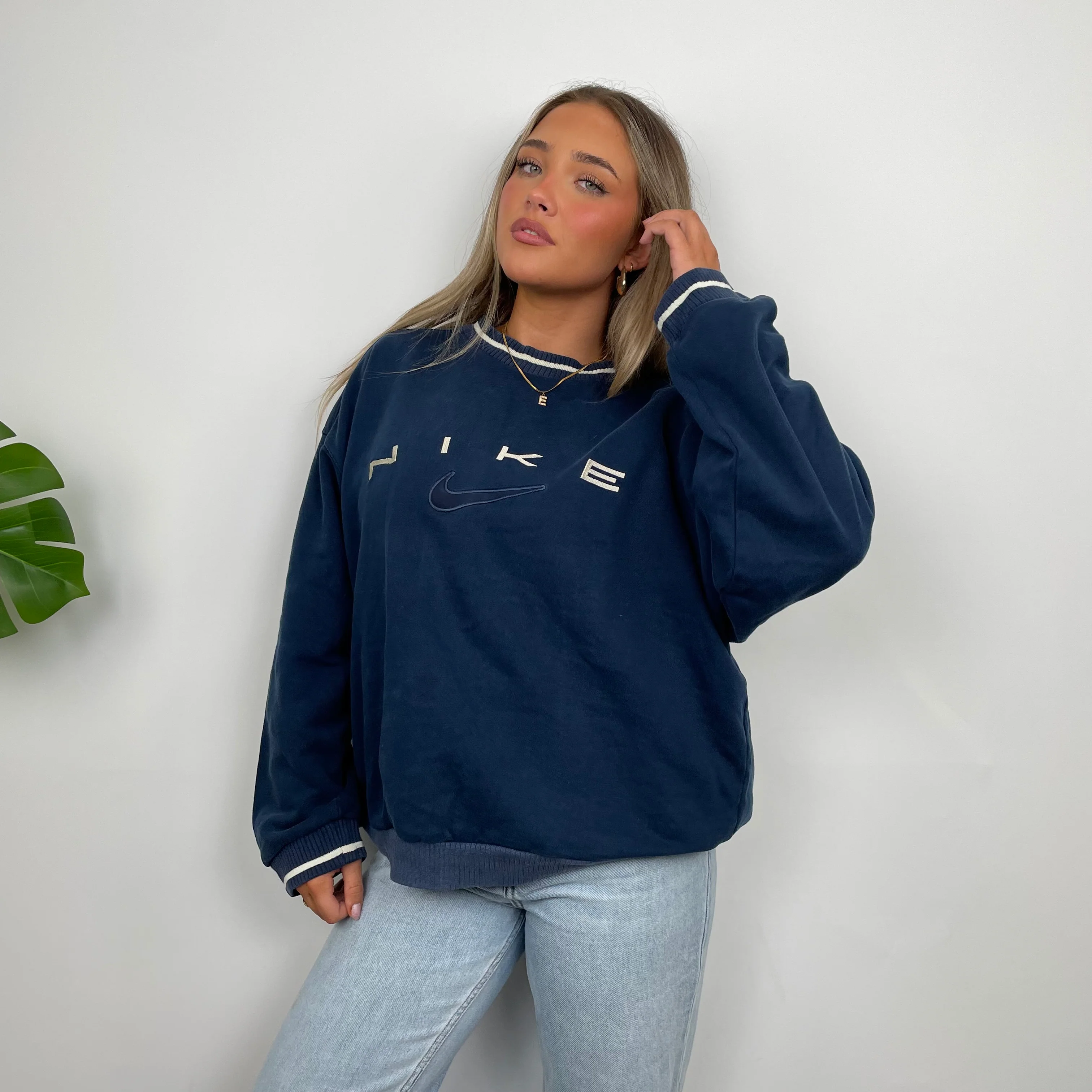 Nike Navy Embroidered Spell Out Sweatshirt (S) - Image 3