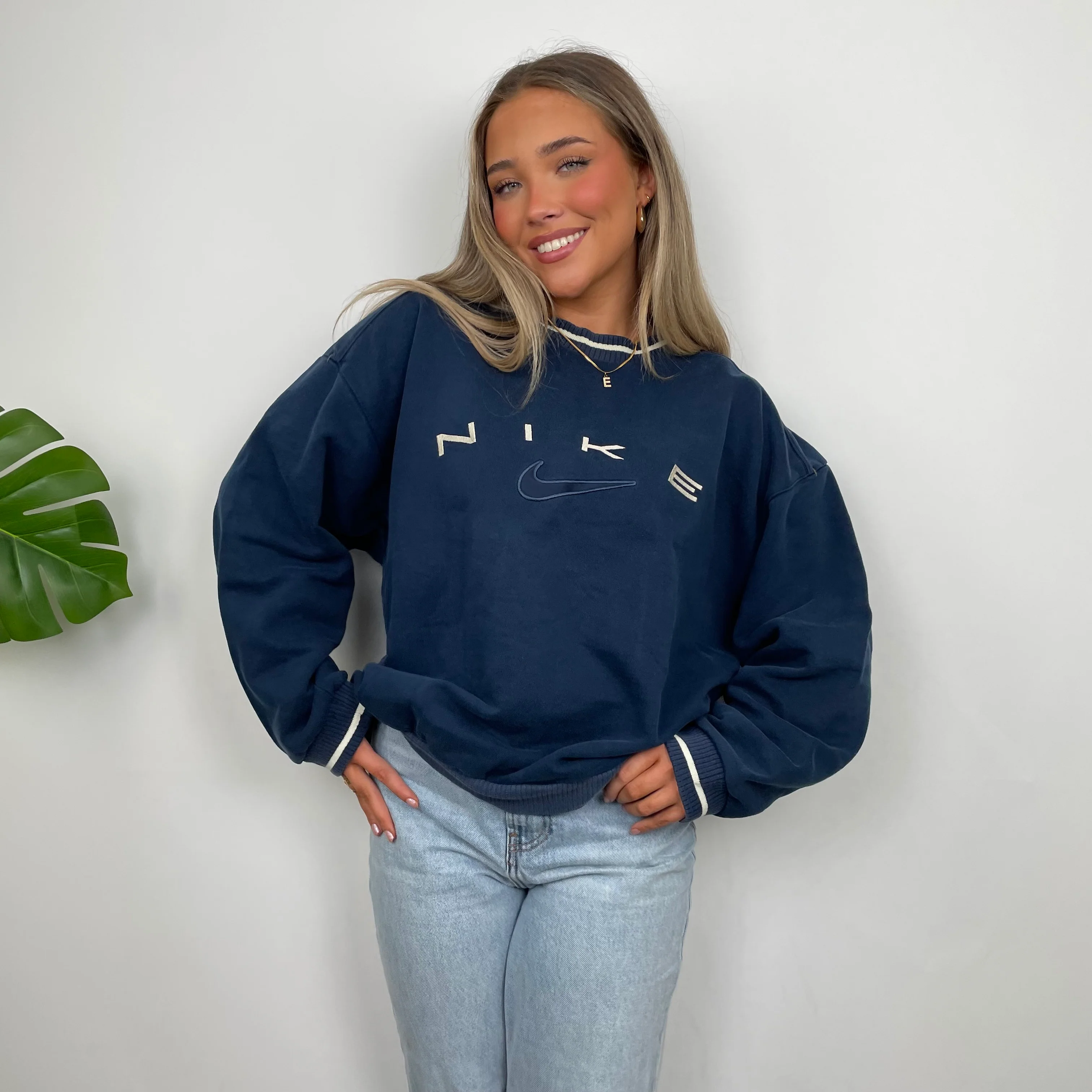 Nike Navy Embroidered Spell Out Sweatshirt (S) - Image 6