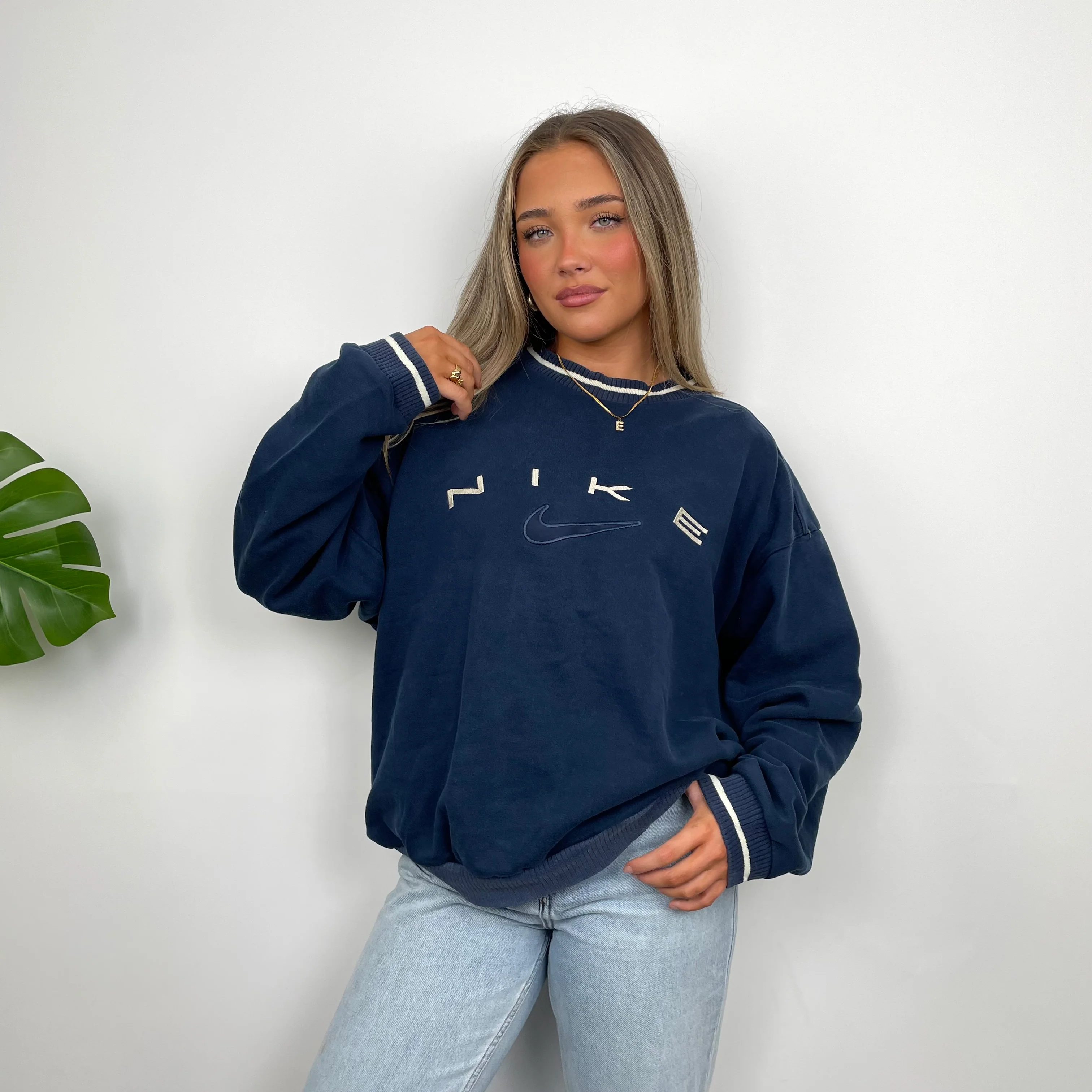 Nike Navy Embroidered Spell Out Sweatshirt (S) - Image 7