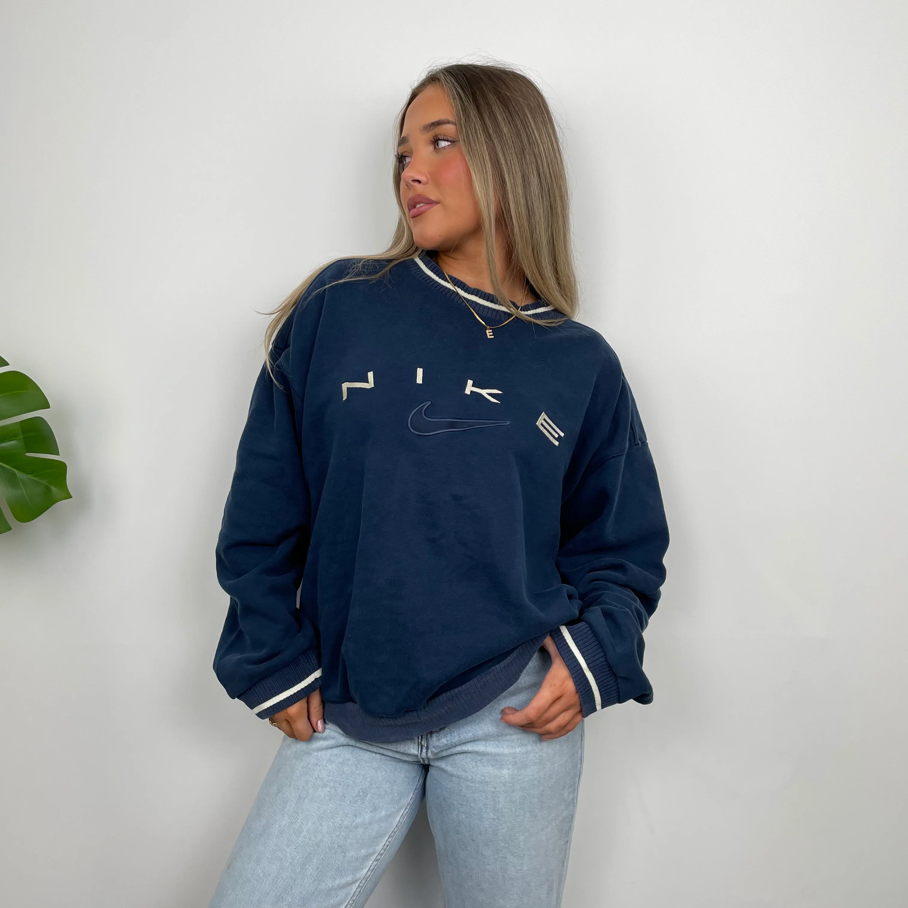 Nike Navy Embroidered Spell Out Sweatshirt (S) - Image 9