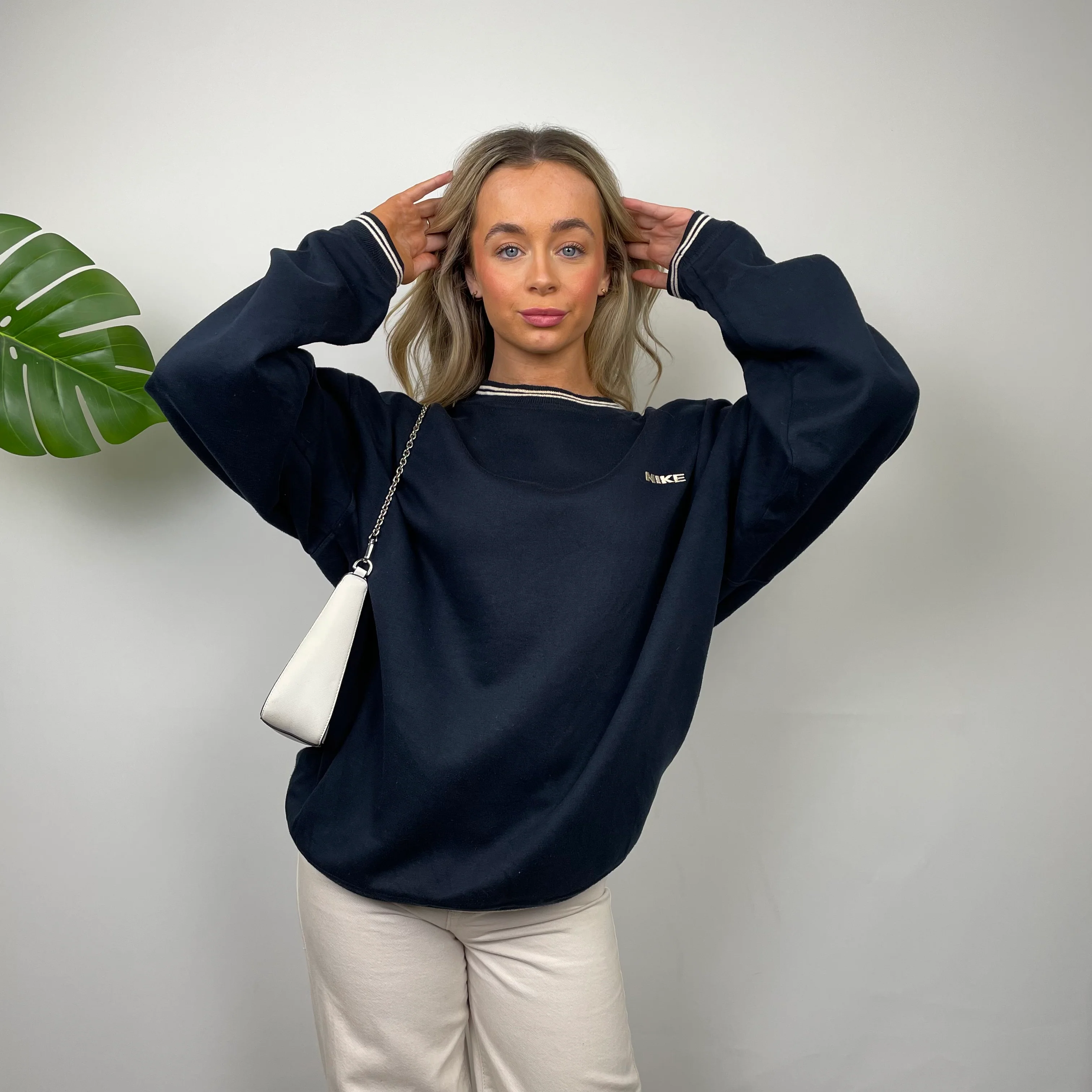 Nike Navy Embroidered Spell Out Sweatshirt (M) - Image 4