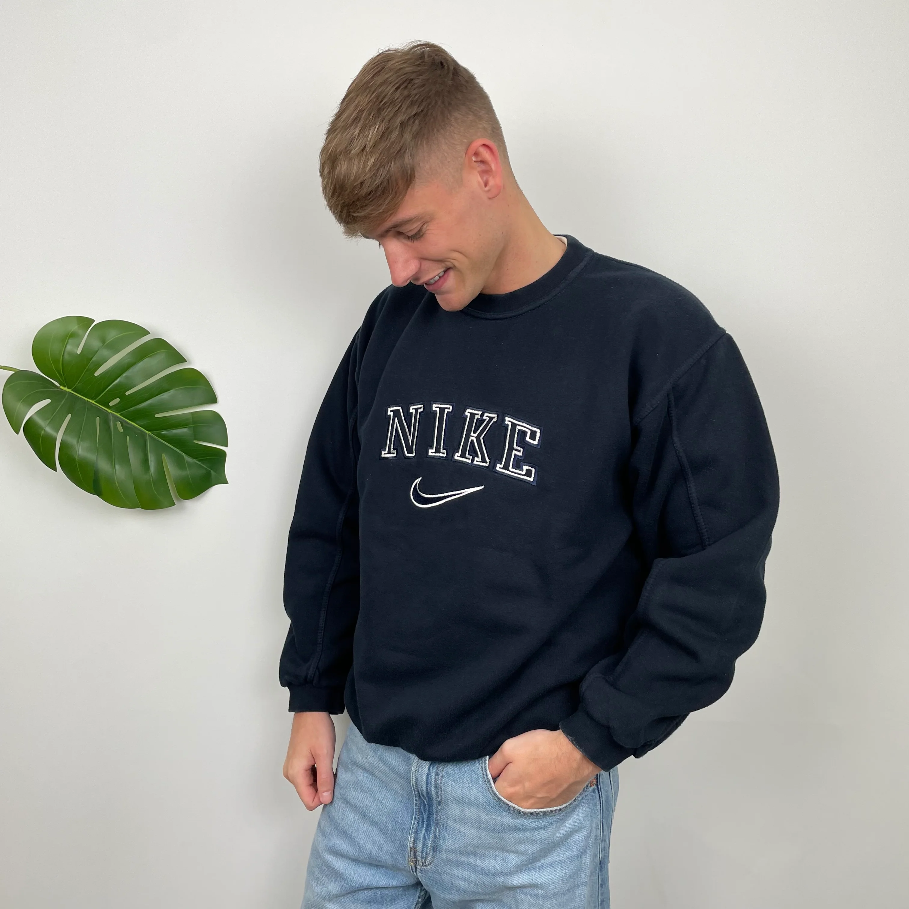 Nike Navy Embroidered Spell Out Sweatshirt (XL) - Image 4