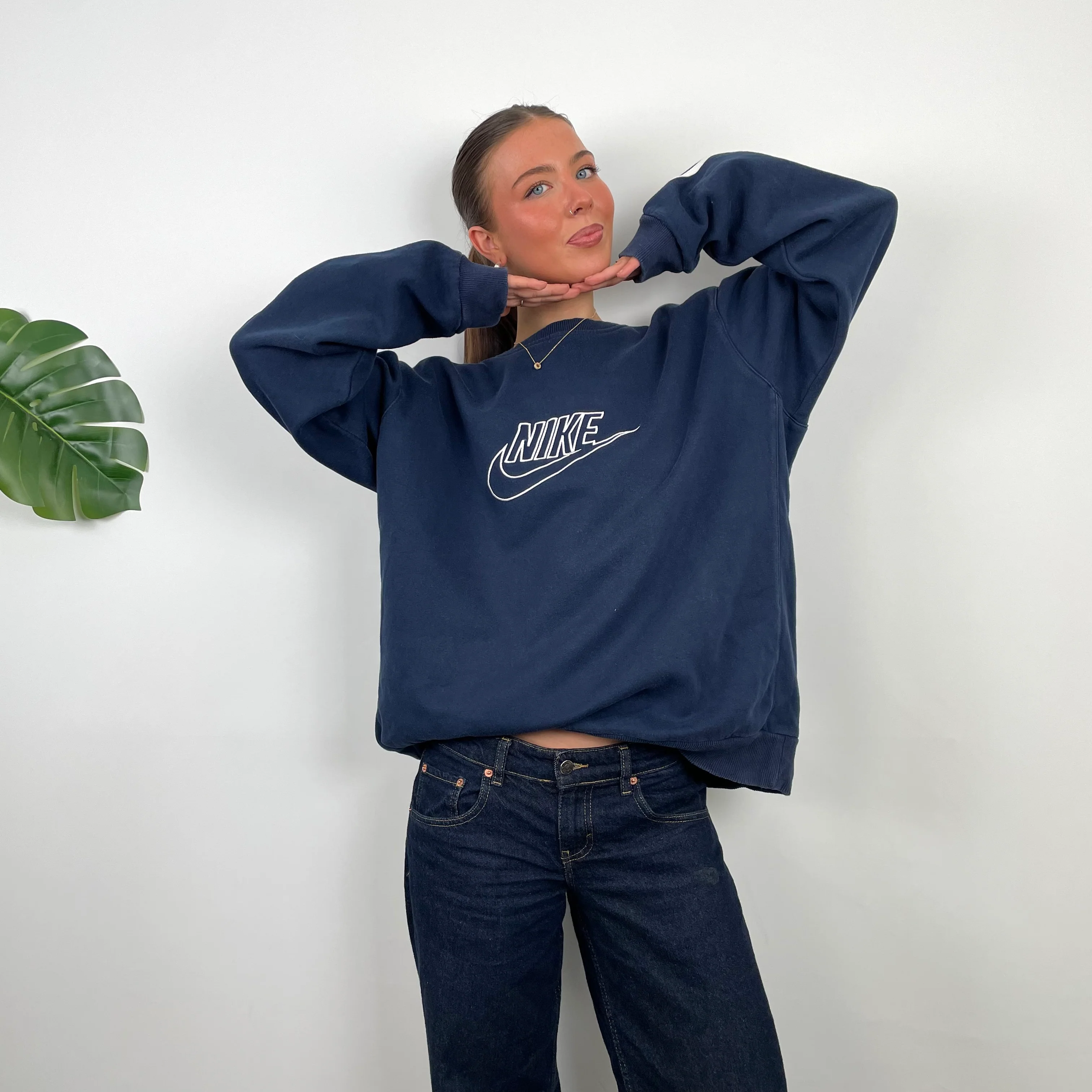 Nike Navy Embroidered Spell Out Sweatshirt (XL) - Image 2