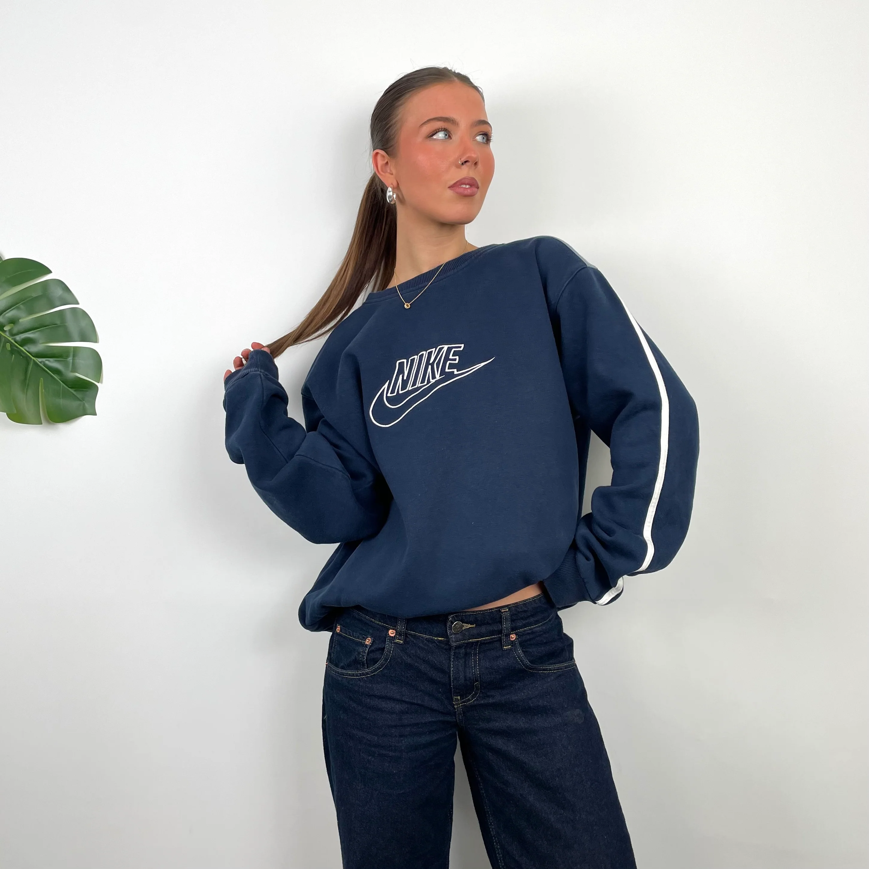 Nike Navy Embroidered Spell Out Sweatshirt (XL) - Image 3